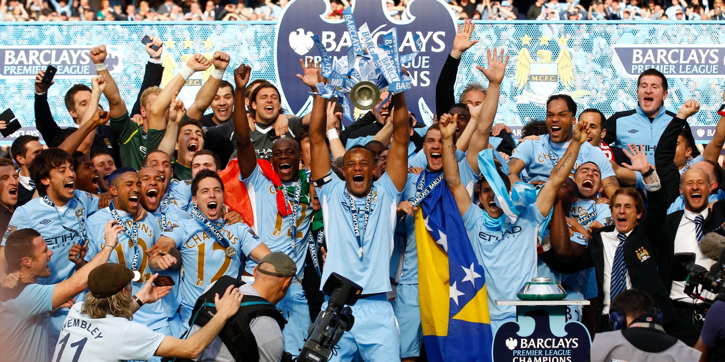 Manchester City lifting the Premier League trophy in 2012