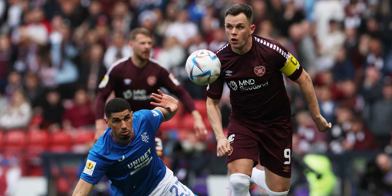 Hearts striker Lawrence Shankland breaks away against Rangers