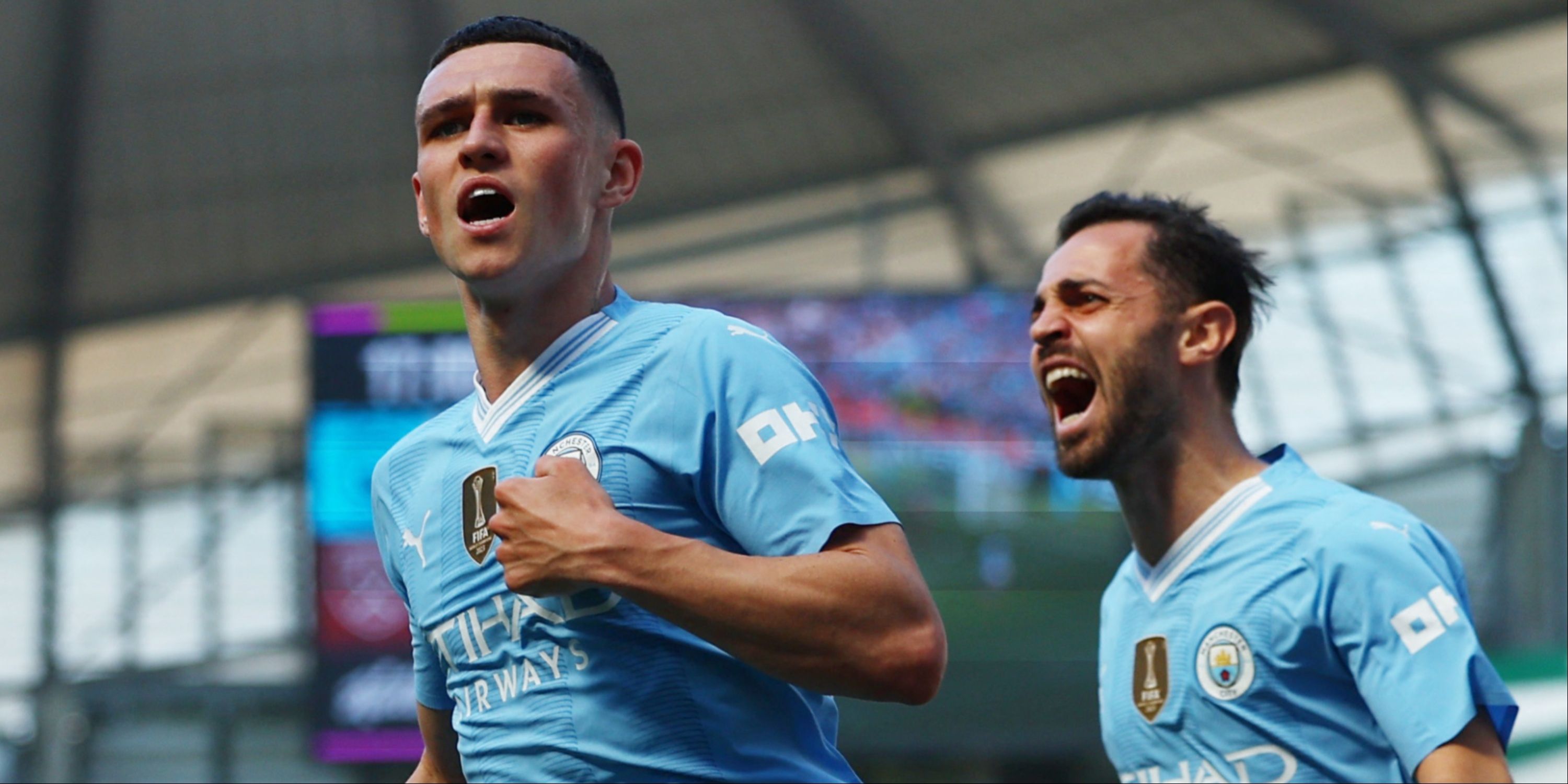 Phil Foden celebrates a goal for Man City