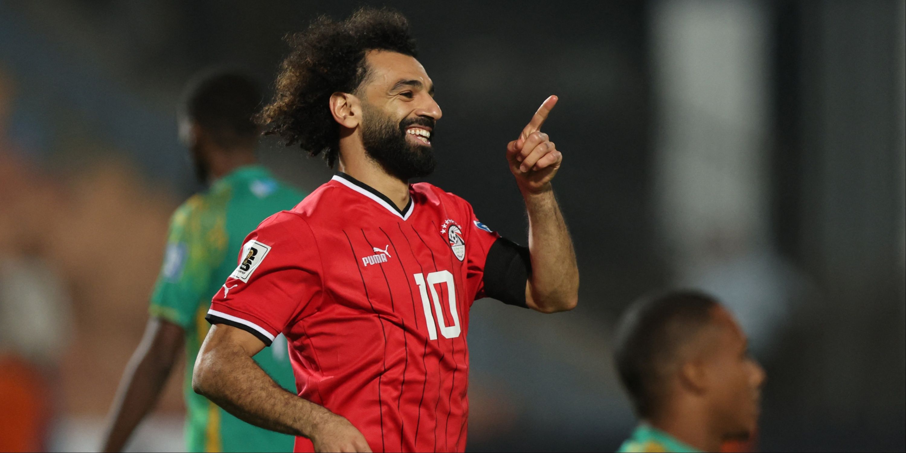 Mohamed Salah celebrates scoring for Egypt.