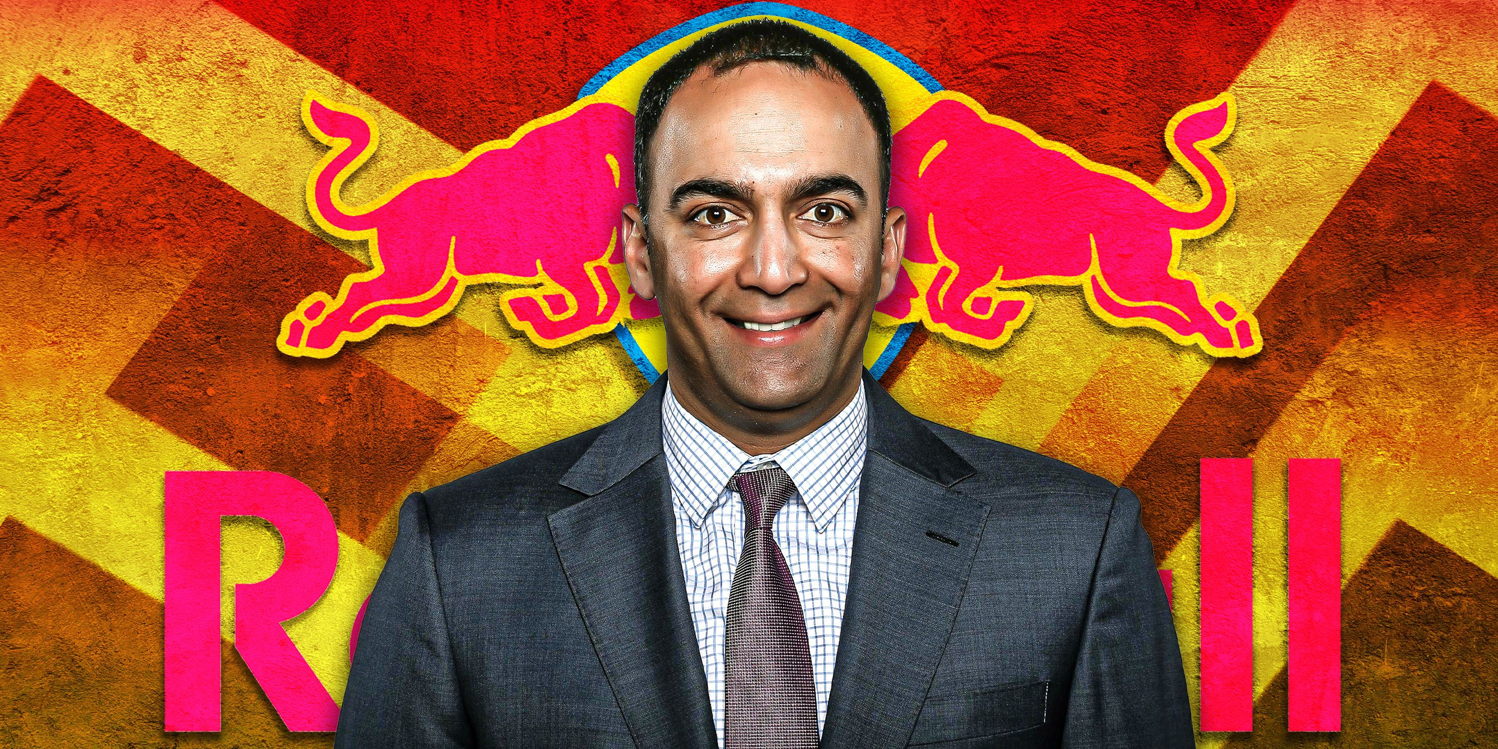 Paraag Marathe in front of the Red Bull logo