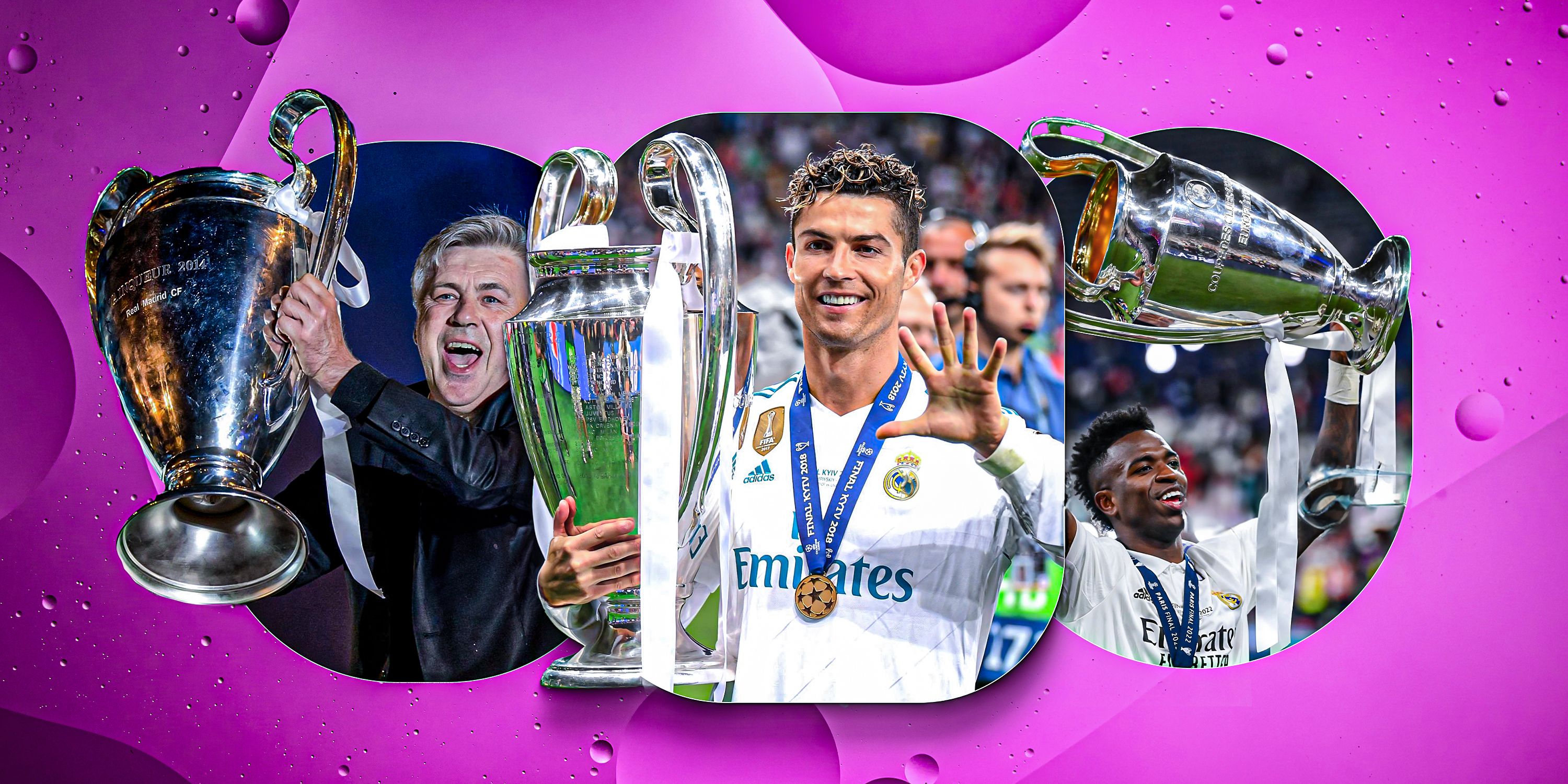A custom image of Carlo Ancelotti, Cristiano Ronaldo and Vinicius Junior all with the Champions League trophy