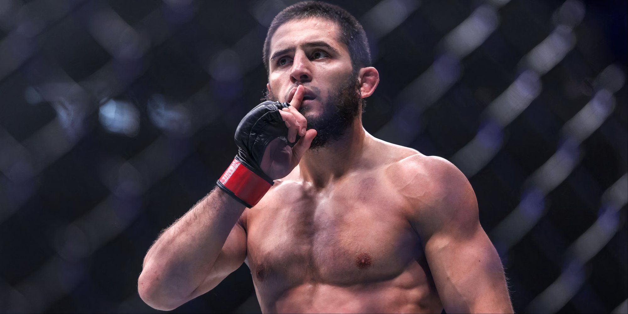 Russian Islam Makhachev reacts after his lightweight fight against Australian Alexander Volkanovski 