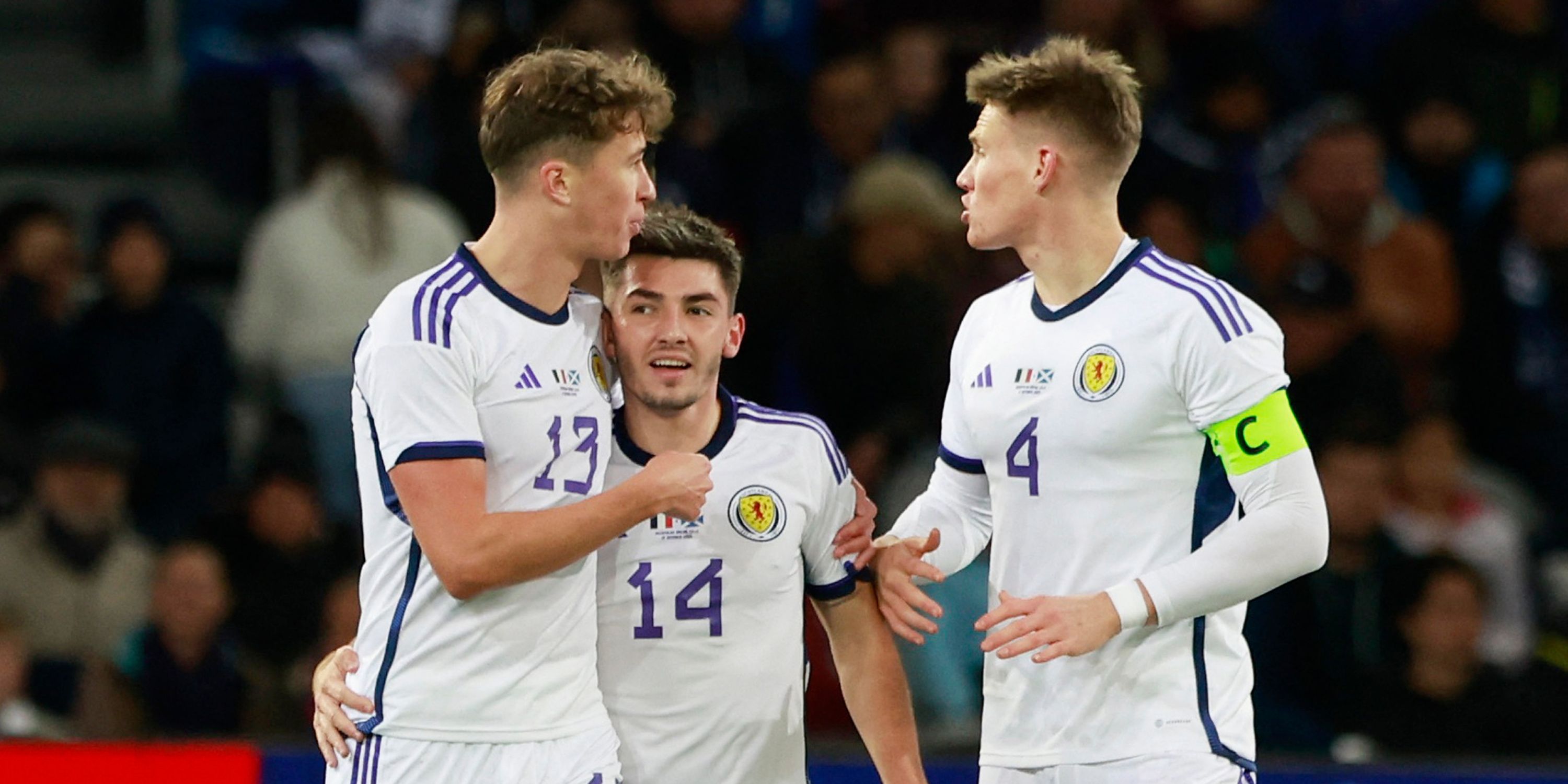 Scotland's Billy Gilmour celebrates scoring their first goal with Jack Hendry and Scott McTominay