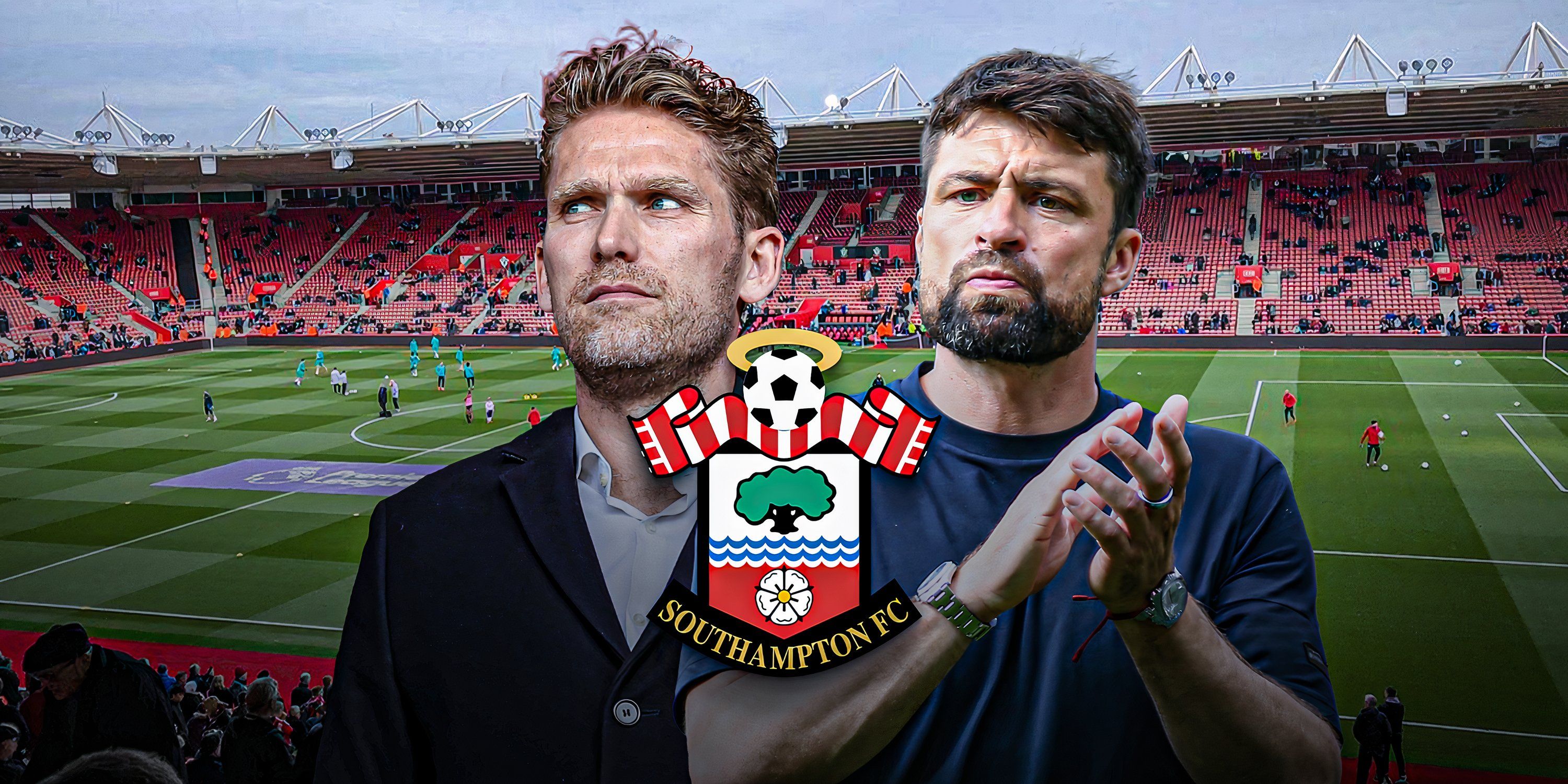 Southampton director of football Rasmus Ankersen and boss Russell Martin in front of St Mary's