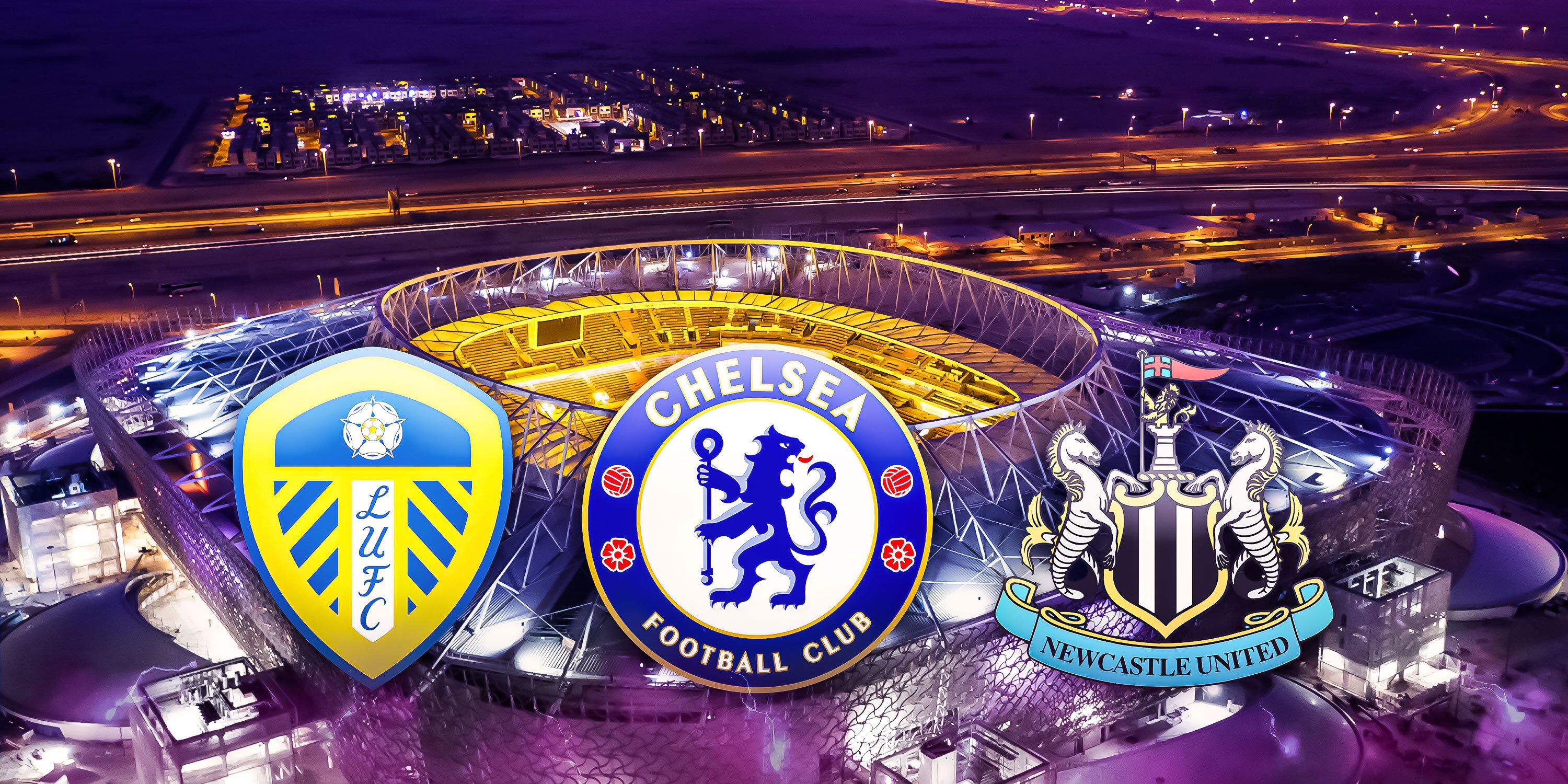 A custom image of a futuristic stadium in front of the club badges of Leeds, Chelsea and Newcastle