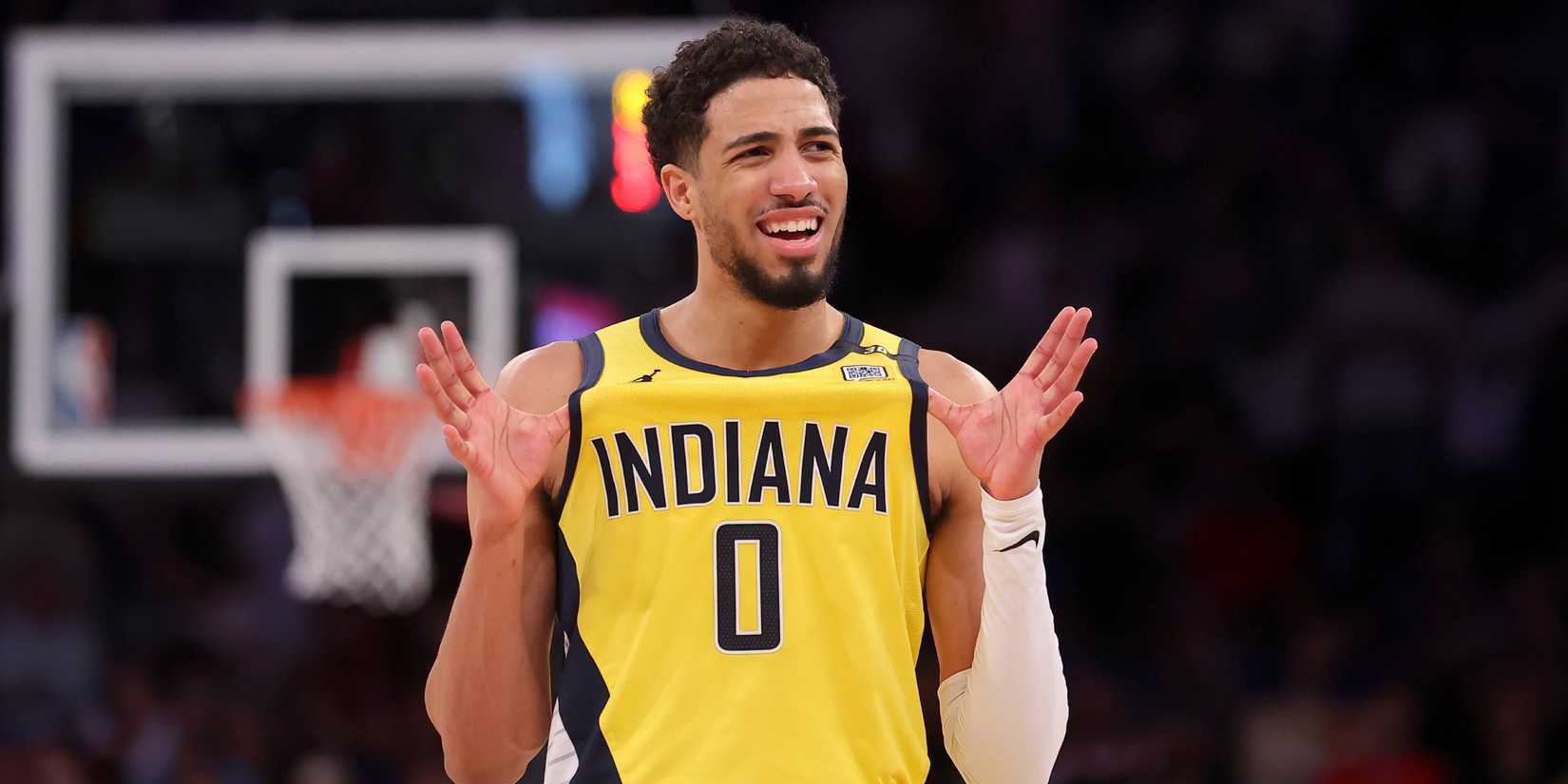 Tyrese Haliburton celebrates after a play against the Knicks.