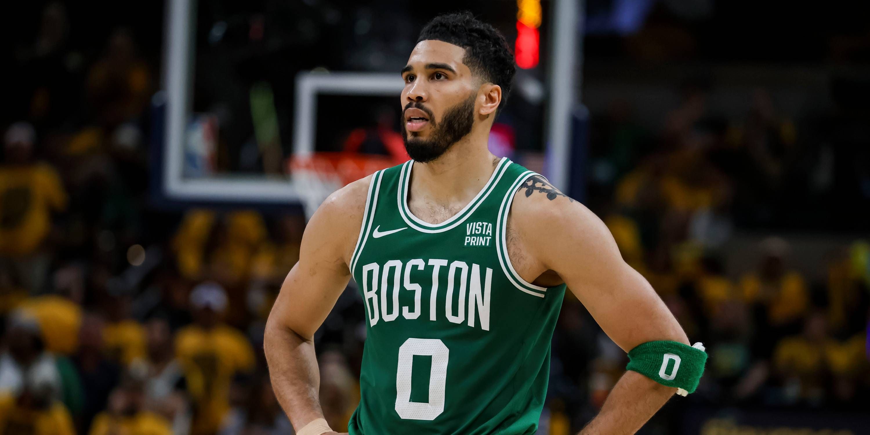 Jayson Tatum looks on during a game against the Pacers.