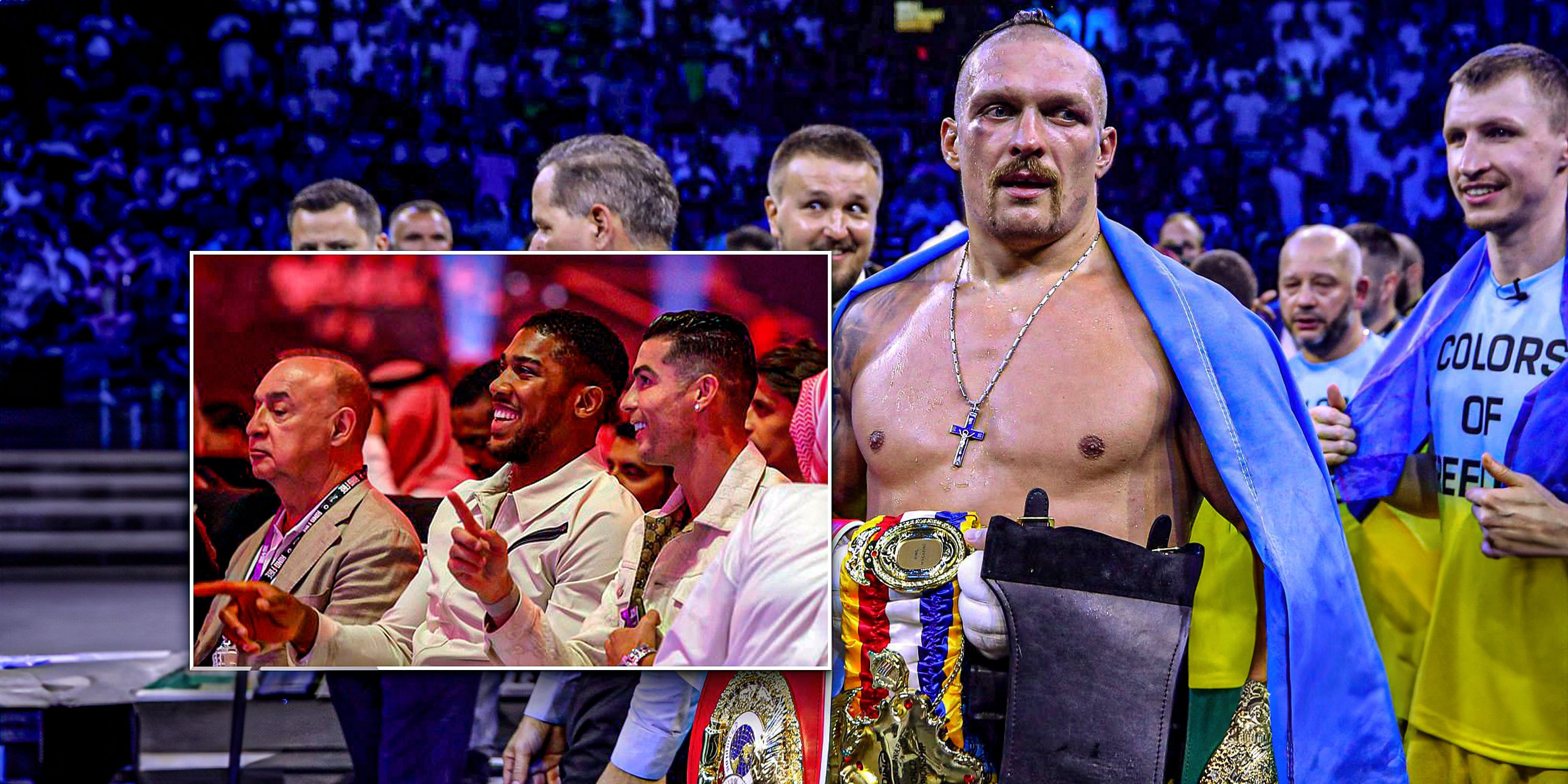 Anthony Joshua and Cristiano Ronaldo watching Oleksandr Usyk vs Tyson Fury