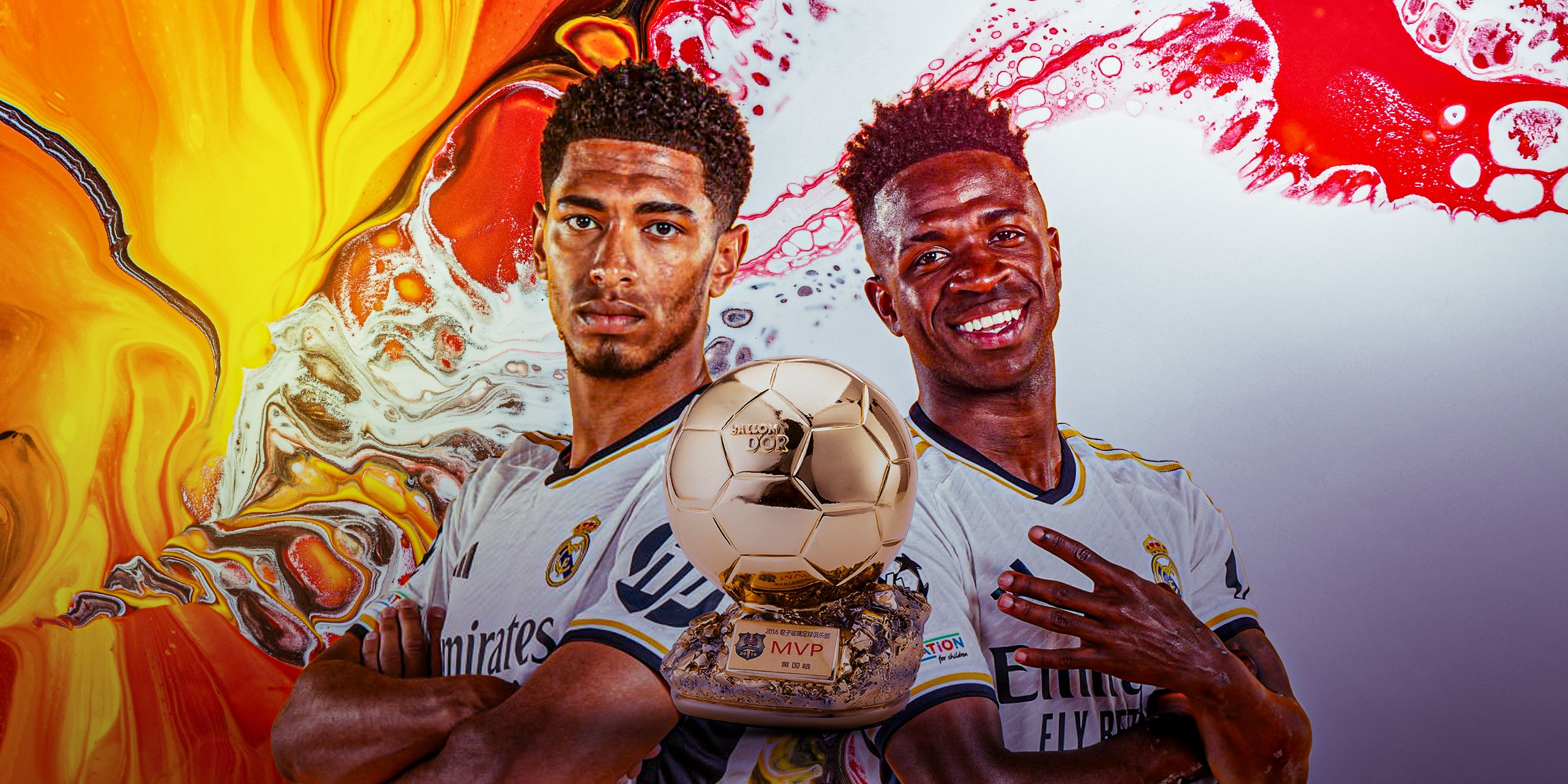 Vinicius Jr and Jude Bellingham in Real Madrid kit with Ballon d'Or trophy