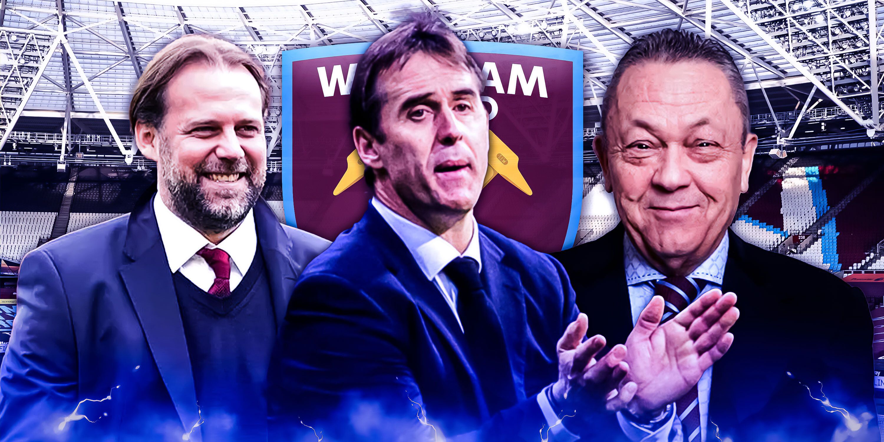 West Ham United technical director Tim Steidten, incoming boss Julen Lopetegui and chairman David Sullivan