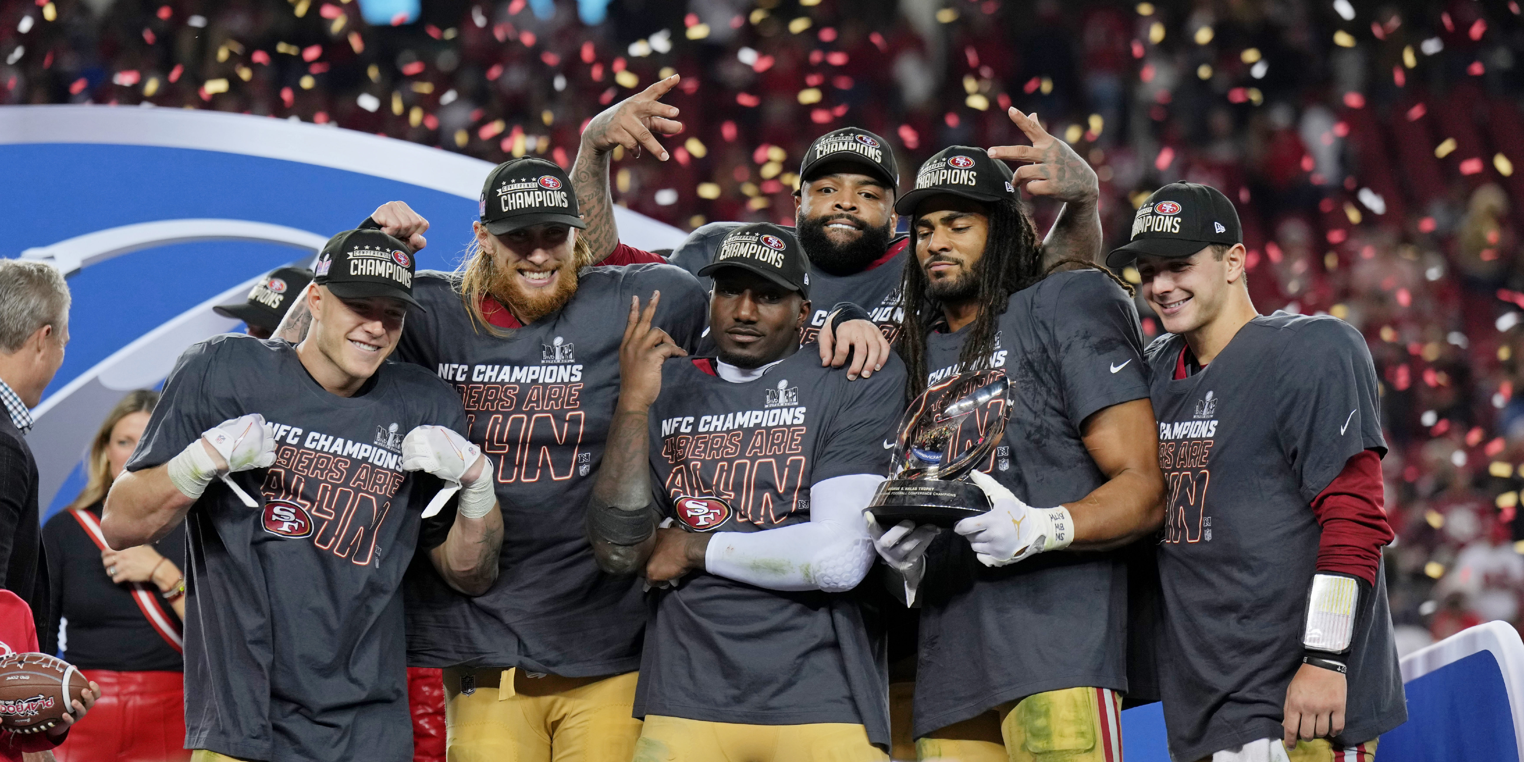 49ers stars celebrating NFC Championship: Christian McCaffrey, George Kittle, Deebo Samuel, Trent Williams, Fred Warner, and Brock Purdy