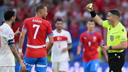 Antonin Barak being shown a yellow card