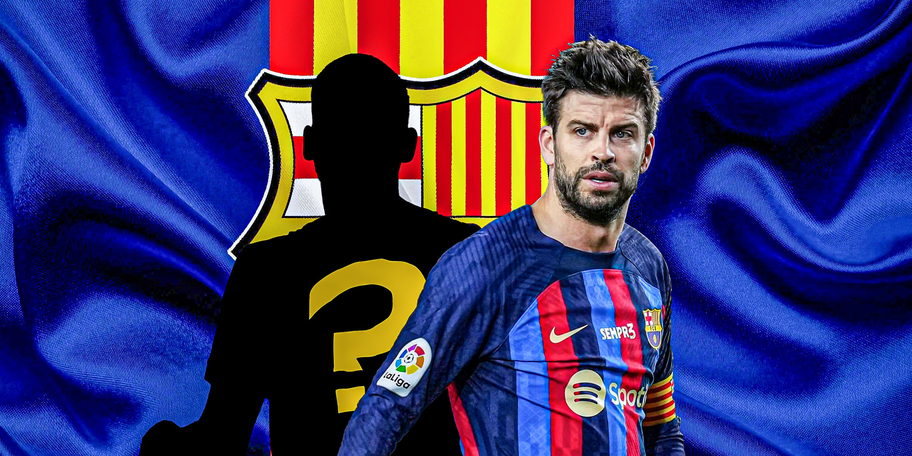 A picture of Gerard Pique's at Barcelona with silhouette of Jean-Clair Todibo and Barcelona logo/theme