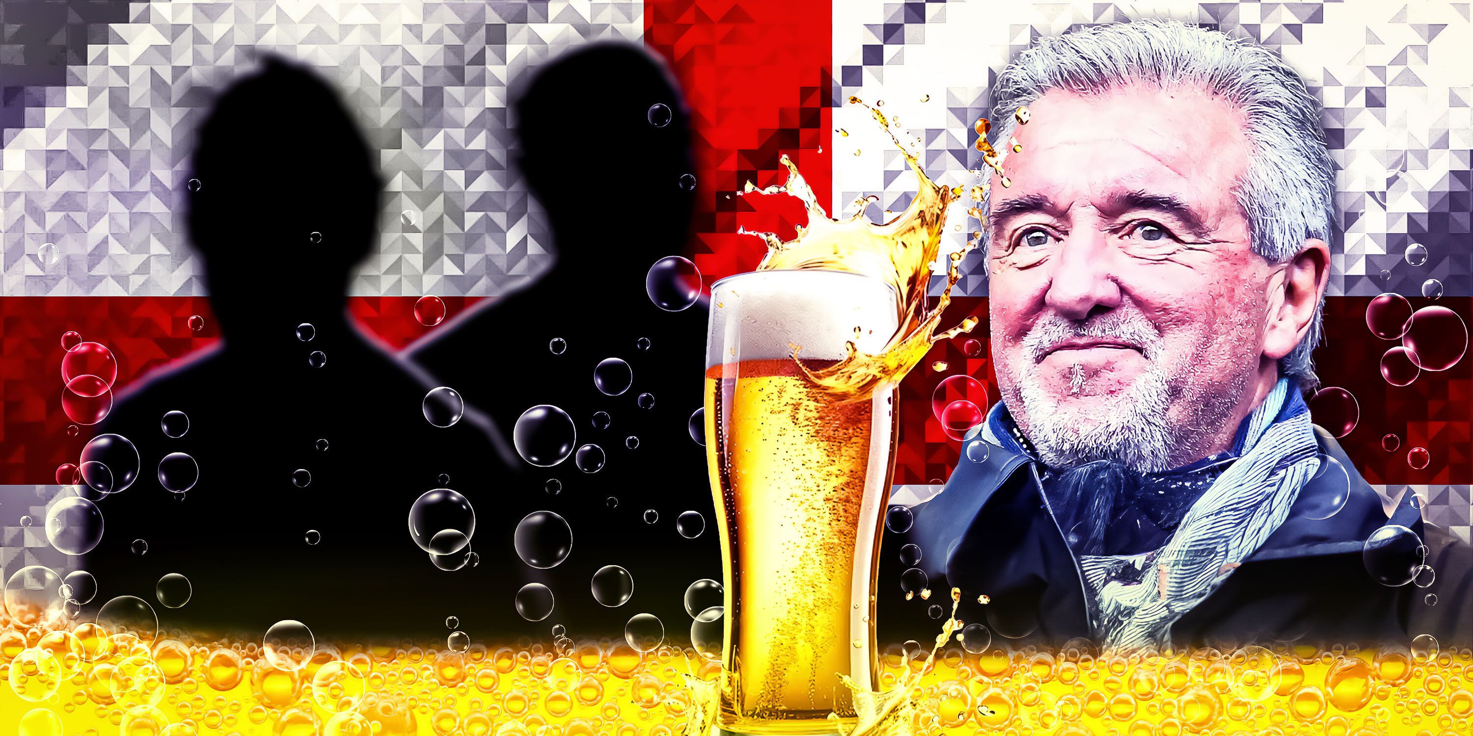 Terry Venables and silhouette of Teddy Sheringham and Paul Gascoigne with England and beer theme