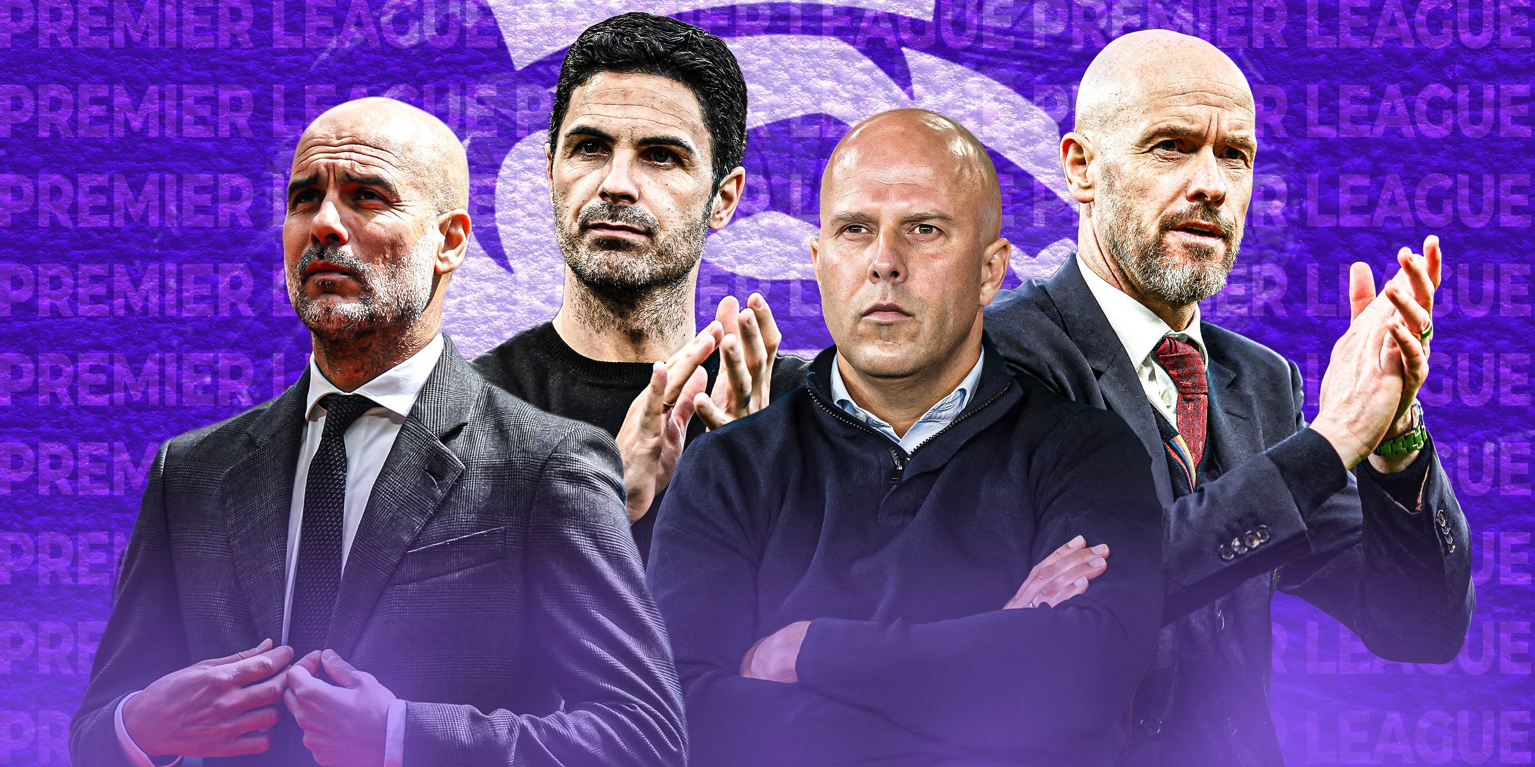 A custom image of Premier League managers Pep Guardiola, Mikel Arteta, Arne Slot and Erik ten Hag