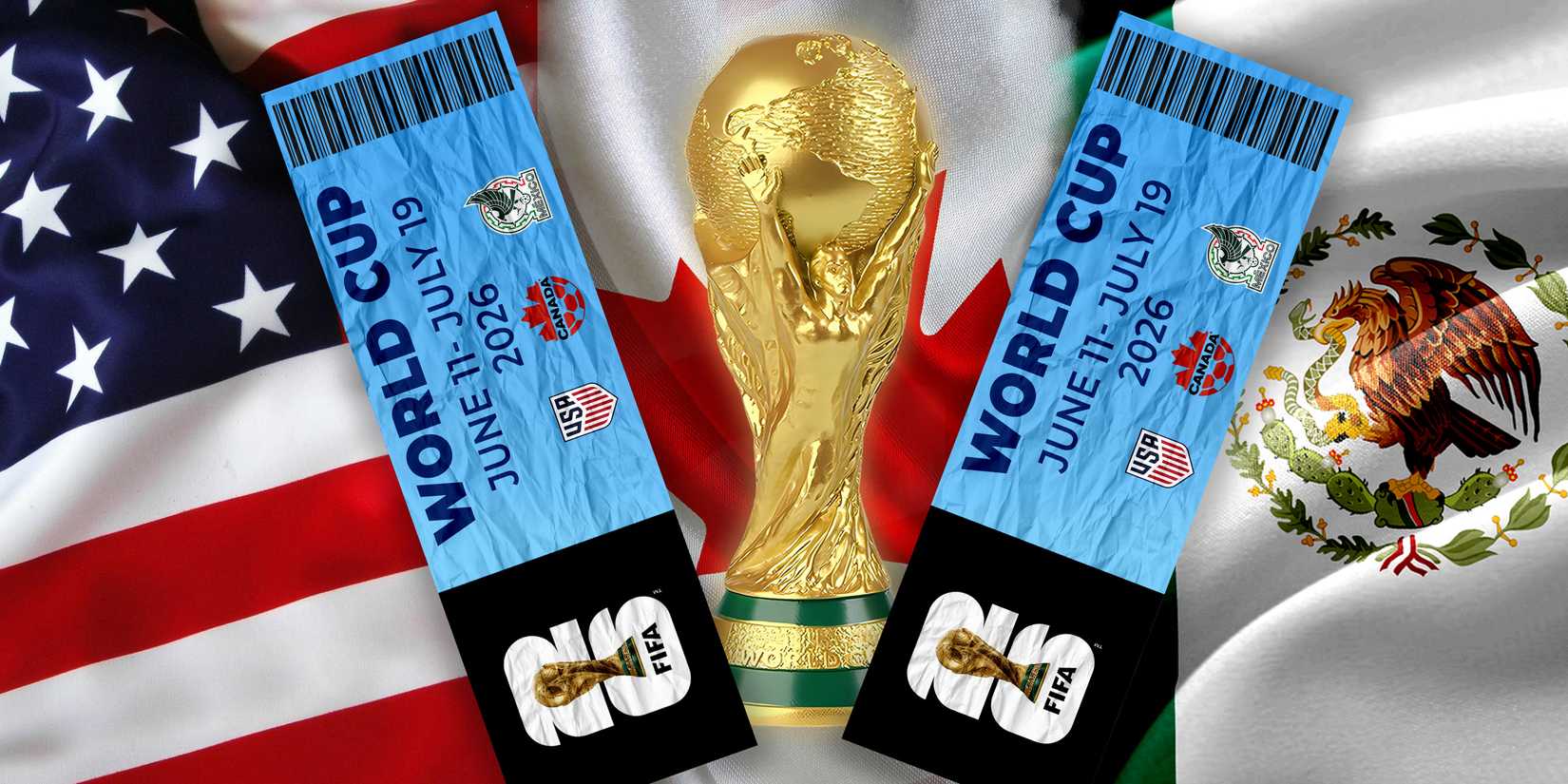An image of the World Cup trophy, surrounded by the flags of the USA, Canada and Mexico, with two World Cup 2026 tickets either side of the trophy