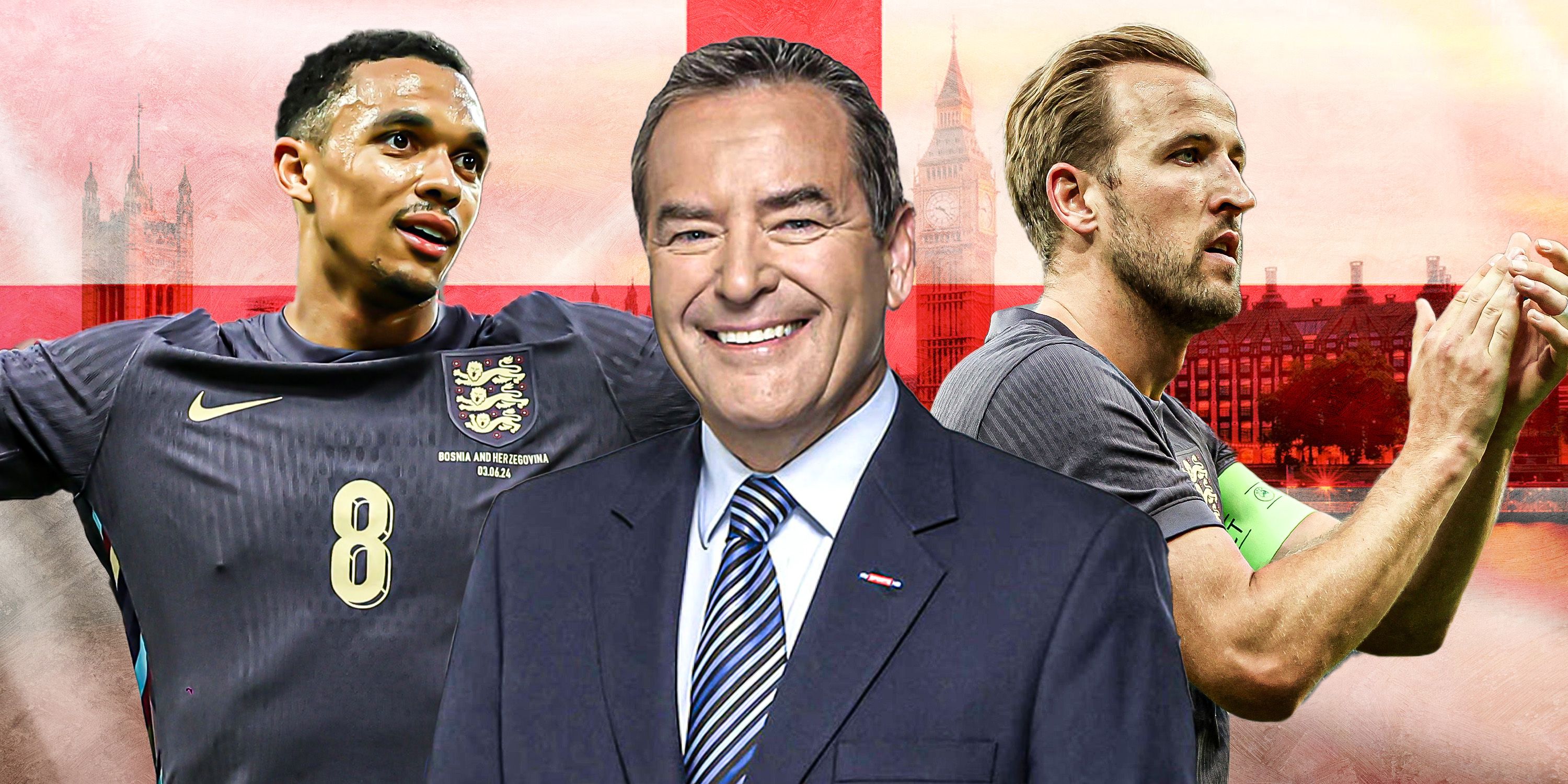 Trent Alexander-Arnold, Jeff Stelling and Harry Kane.