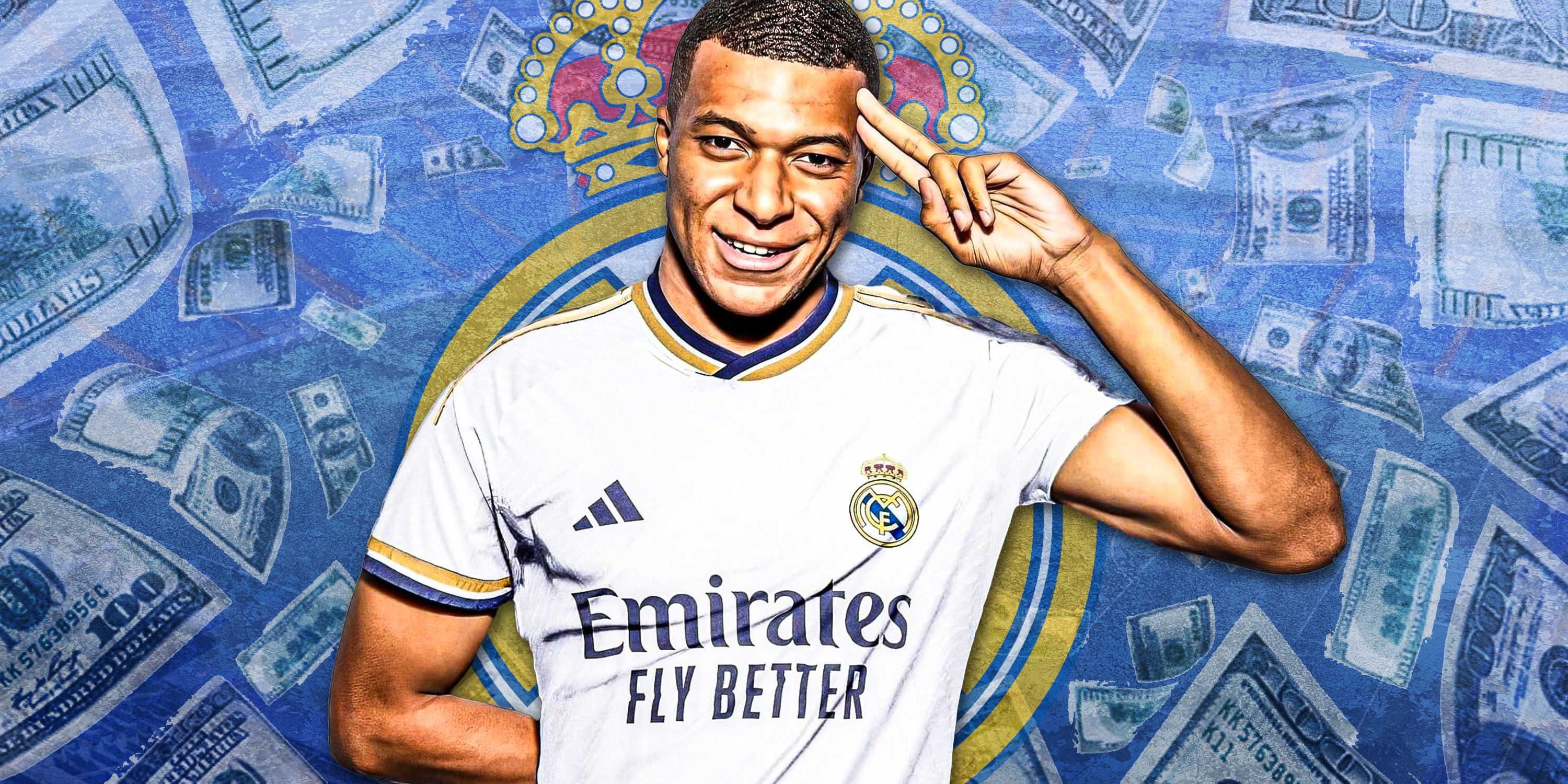 Mbappe in front of a money background