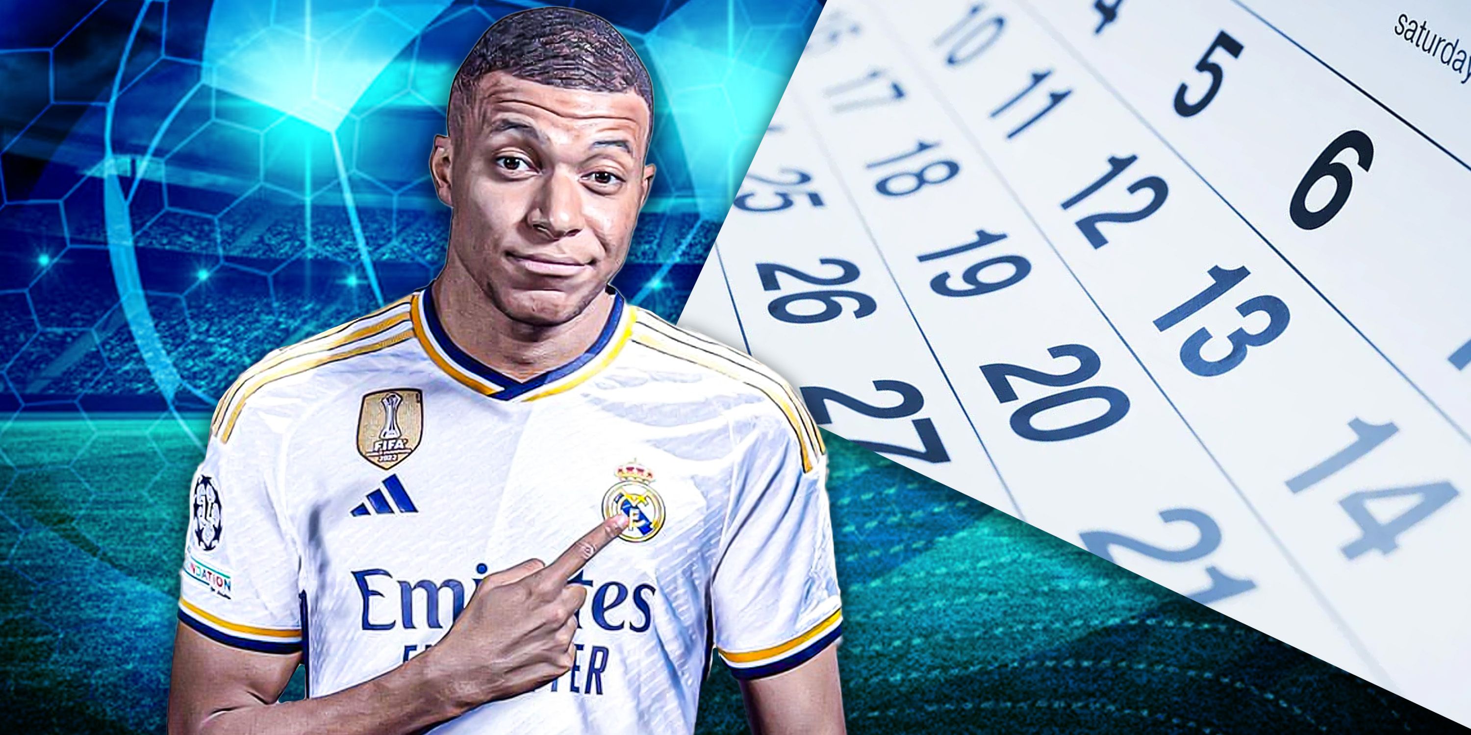 A custom image of Kylian Mbappe in a Real Madrid shirt in front of a calendar