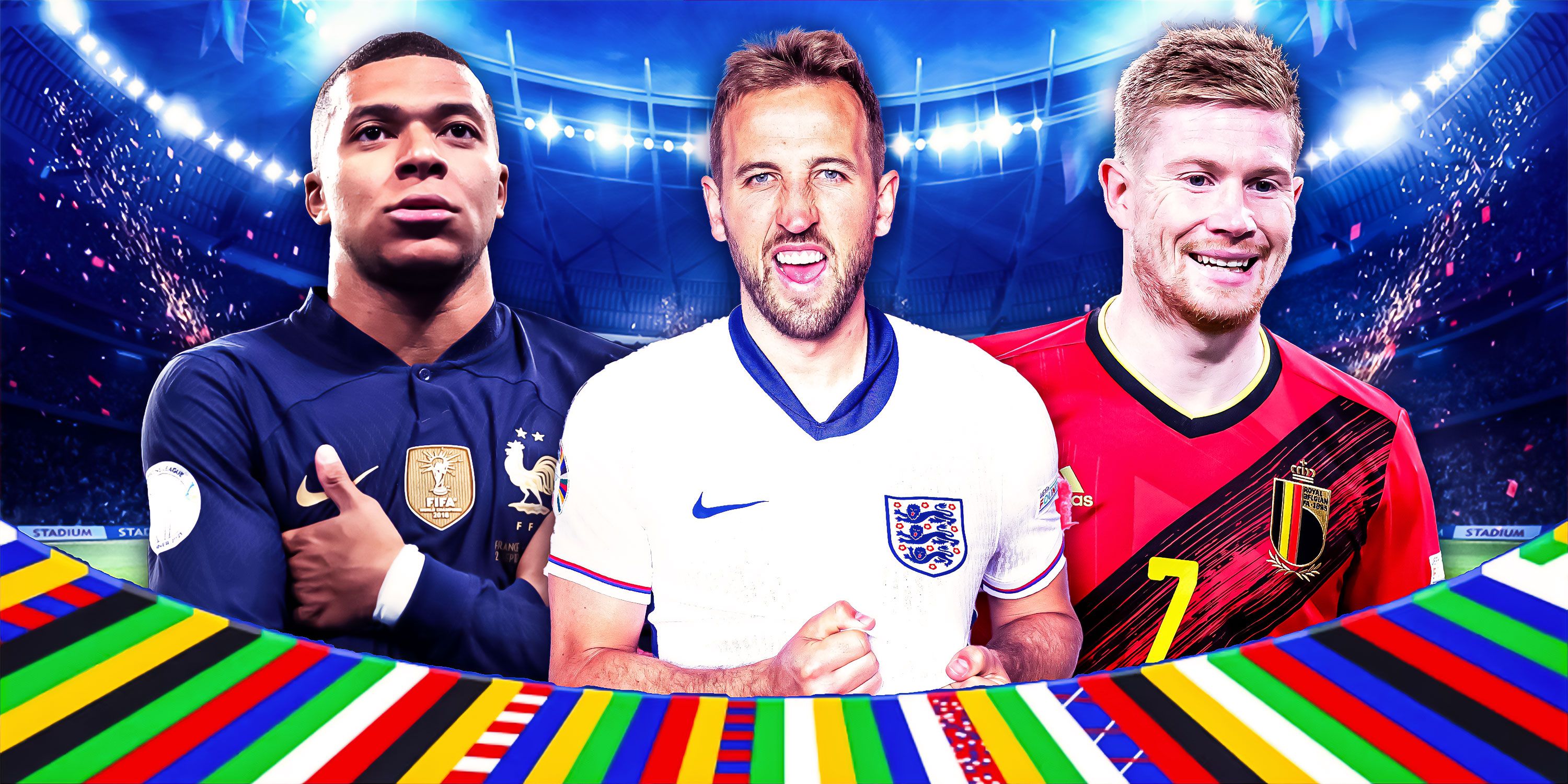 France's Kylian Mbappe, England's Harry Kane & Belgium's Kevin de Bruyne in a collage.