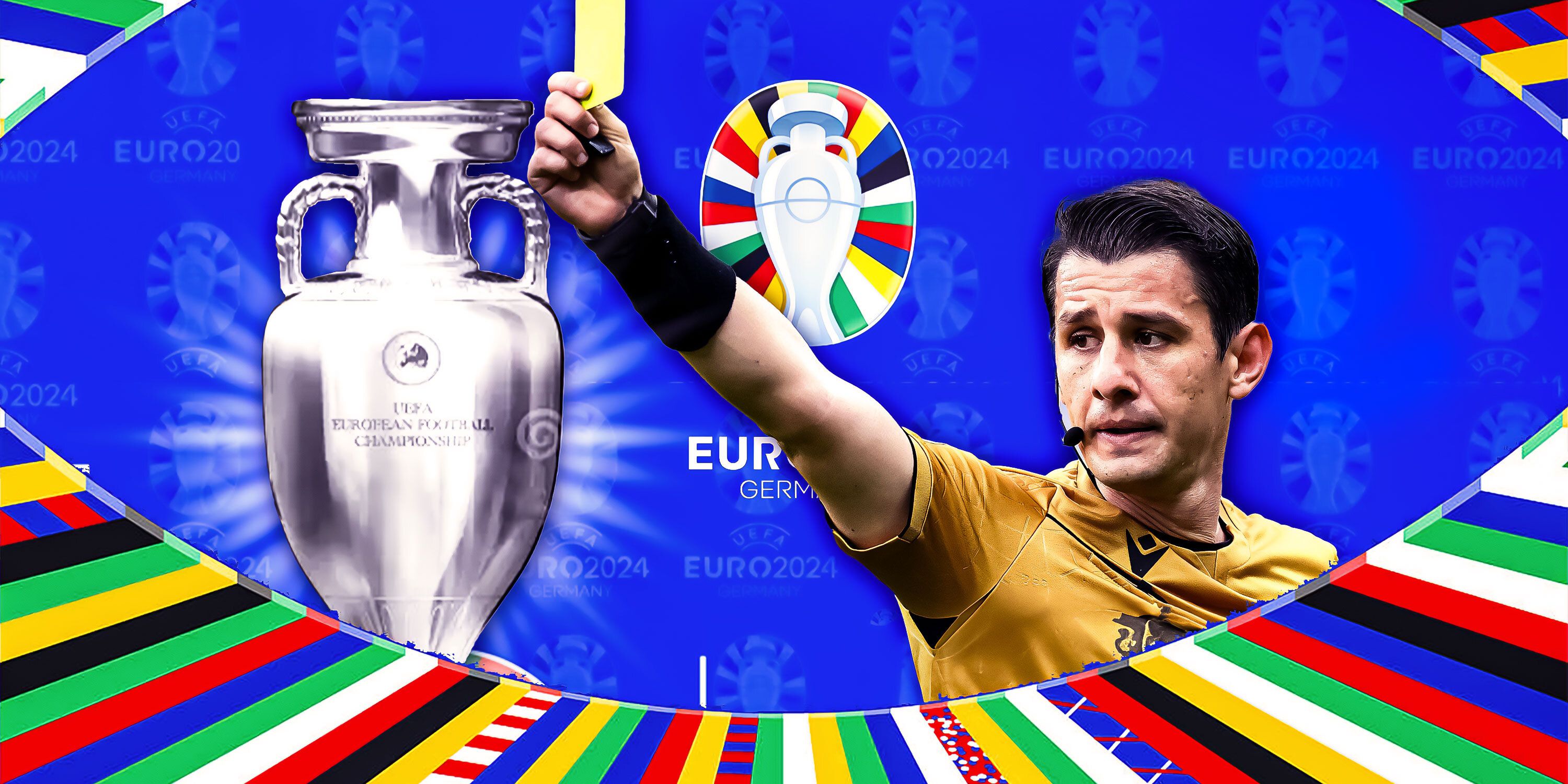 A custom image of a referee showing a yellow card in front of the Euro 2024 trophy