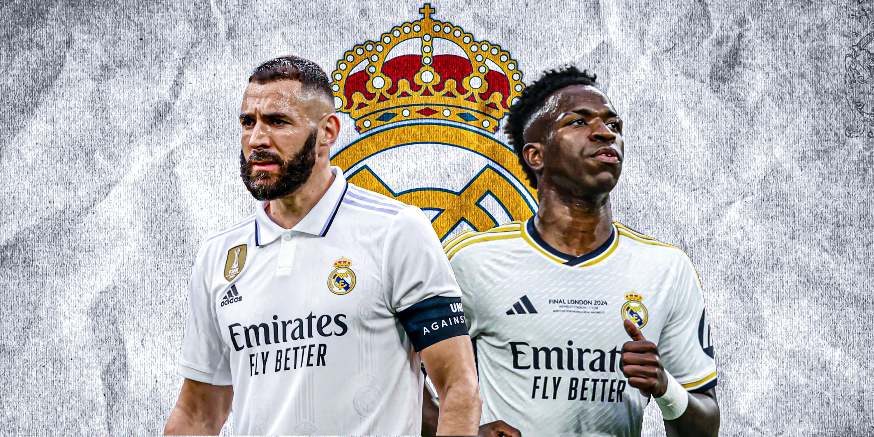 Karim Benzema and Vinicius Jr in Real Madrid kit looking angry/sad with Real Madrid logo