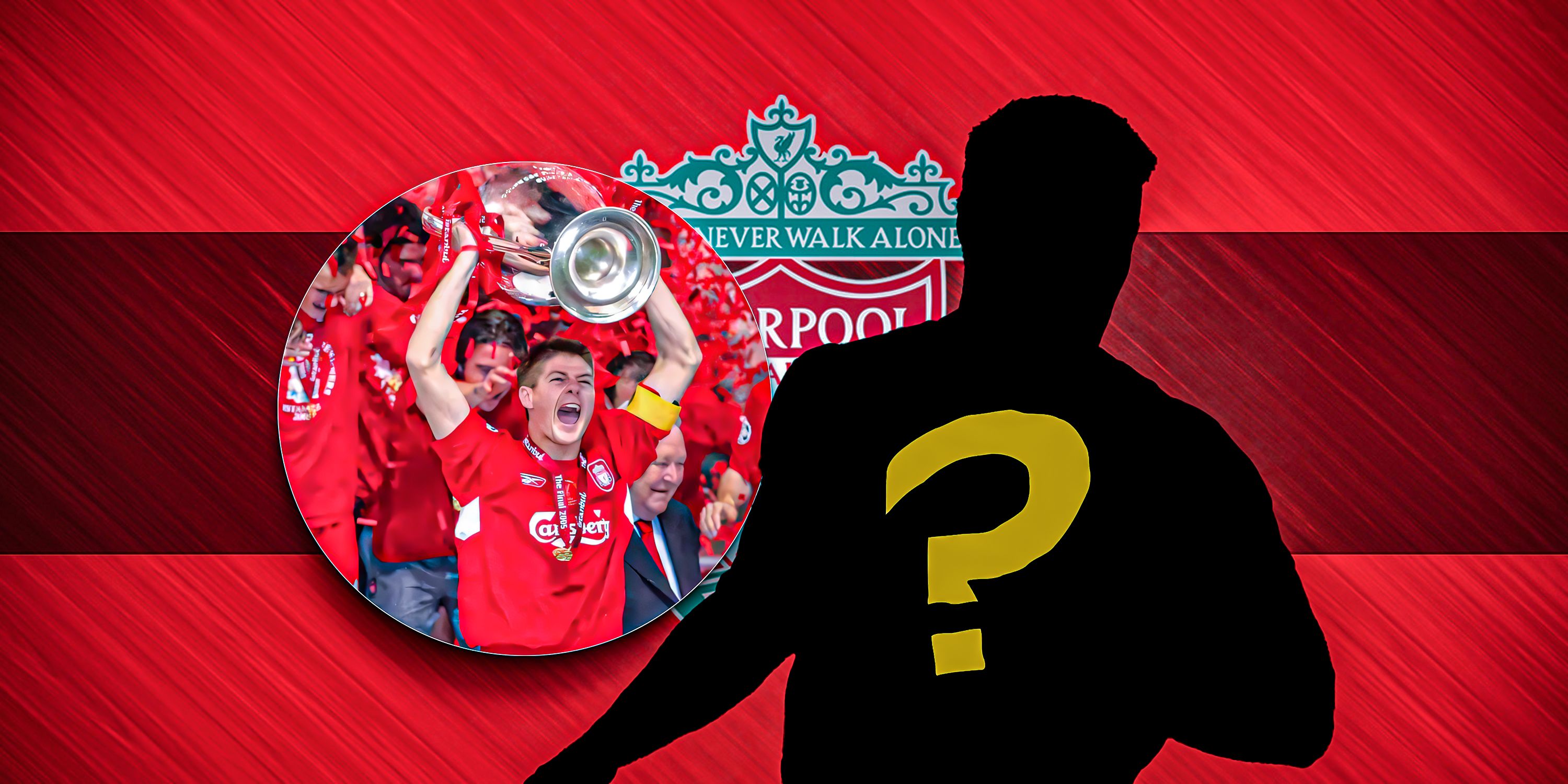 A wide shot of all the Liverpool players celebrating the Champions League trophy in 2005 with Liverpool theme/background and a silhouette of Jamie Carragher when he was a Liverpool player