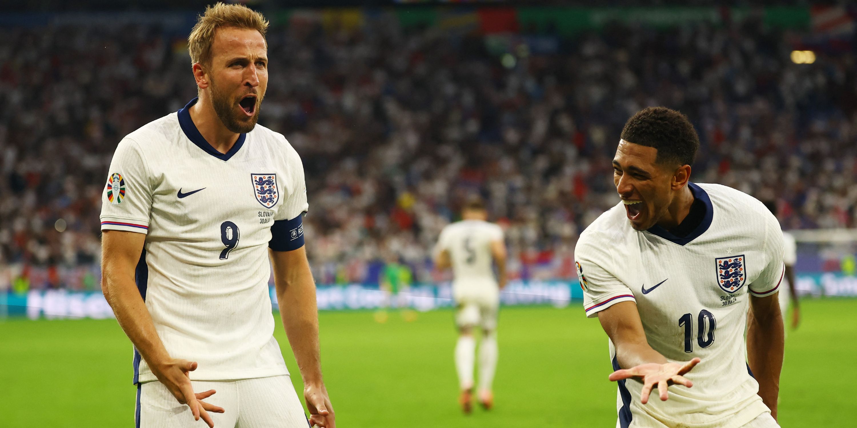 Jude Bellingham and Harry Kane celebrate during England's win over Slovakia