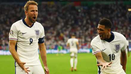 Jude Bellingham and Harry Kane celebrate during England's win over Slovakia
