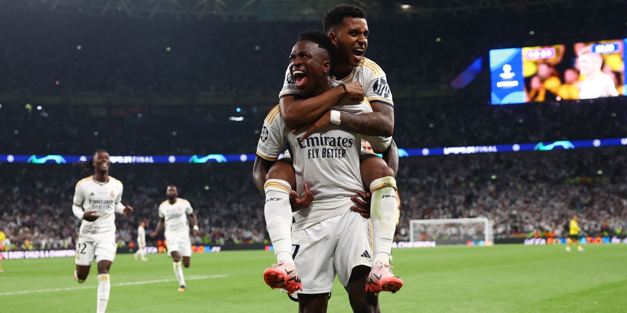 Real Madrid's Vinicius Junior celebrates with Rodrygo