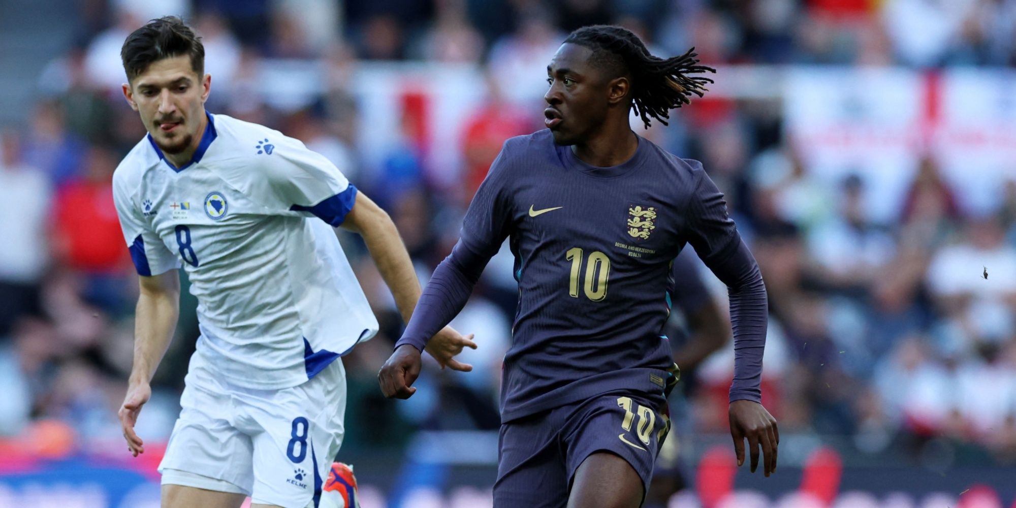 Bosnia and Herzegovina's Armin Gigovic in action with England's Eberechi Eze