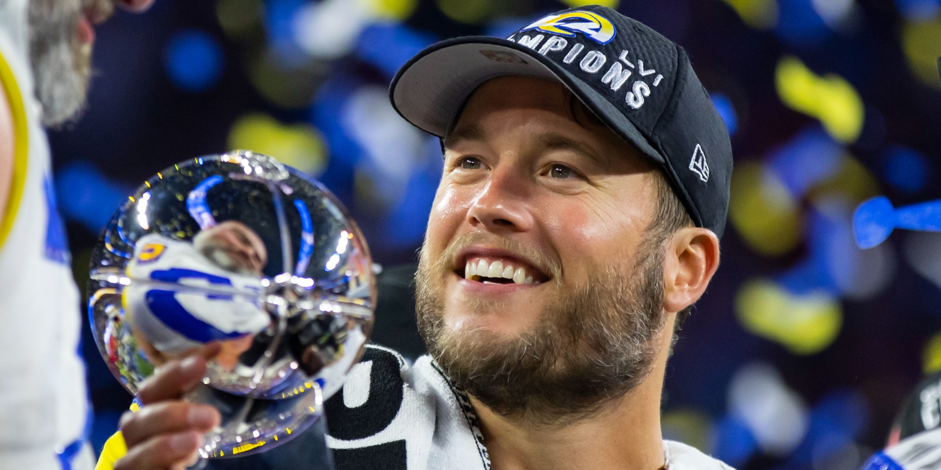 Los Angeles Rams QB Matthew Stafford holds Lombardi Trophy