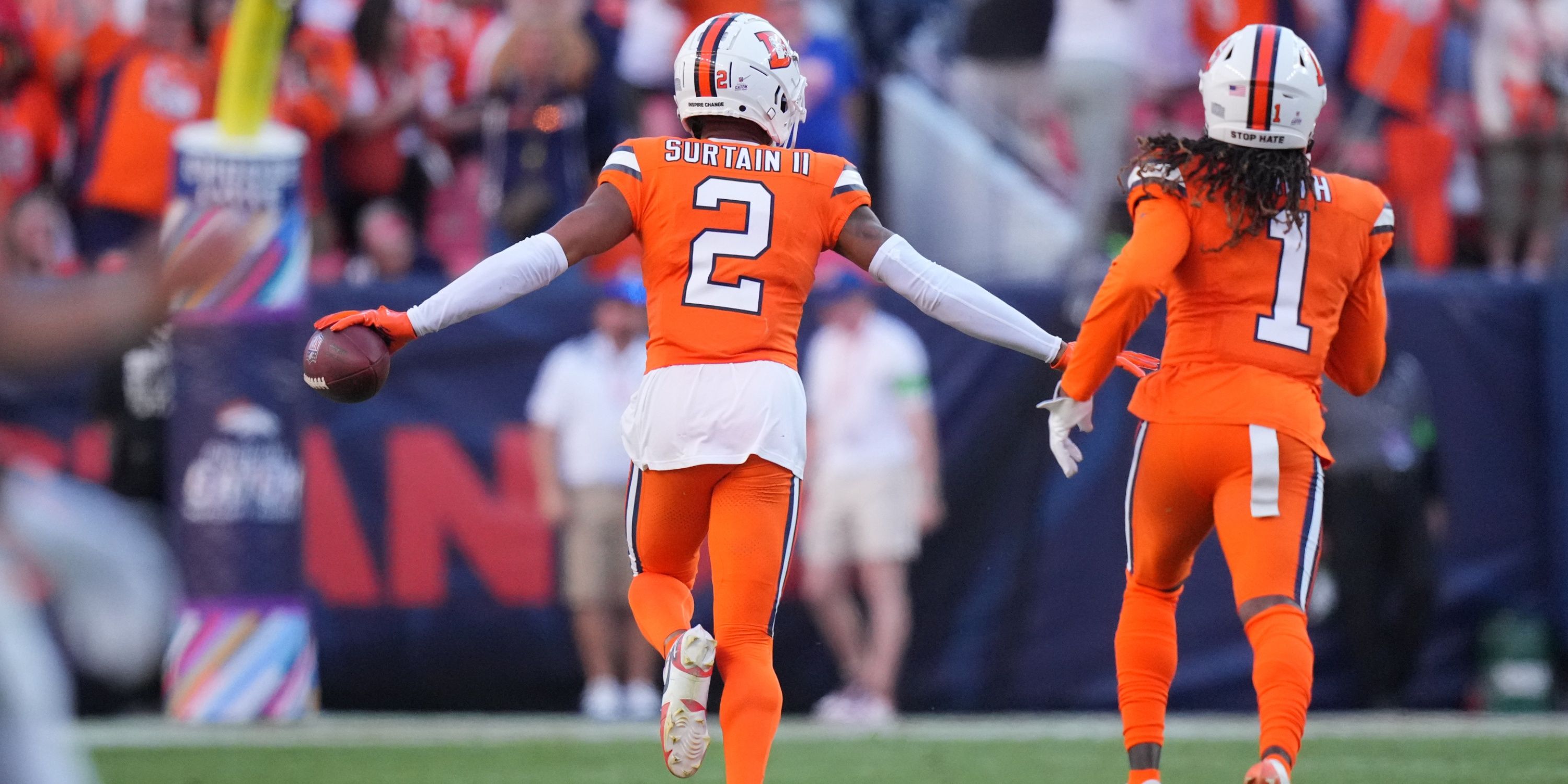 Denver Broncos CB Patrick Surtain II celebrates after an interception. 