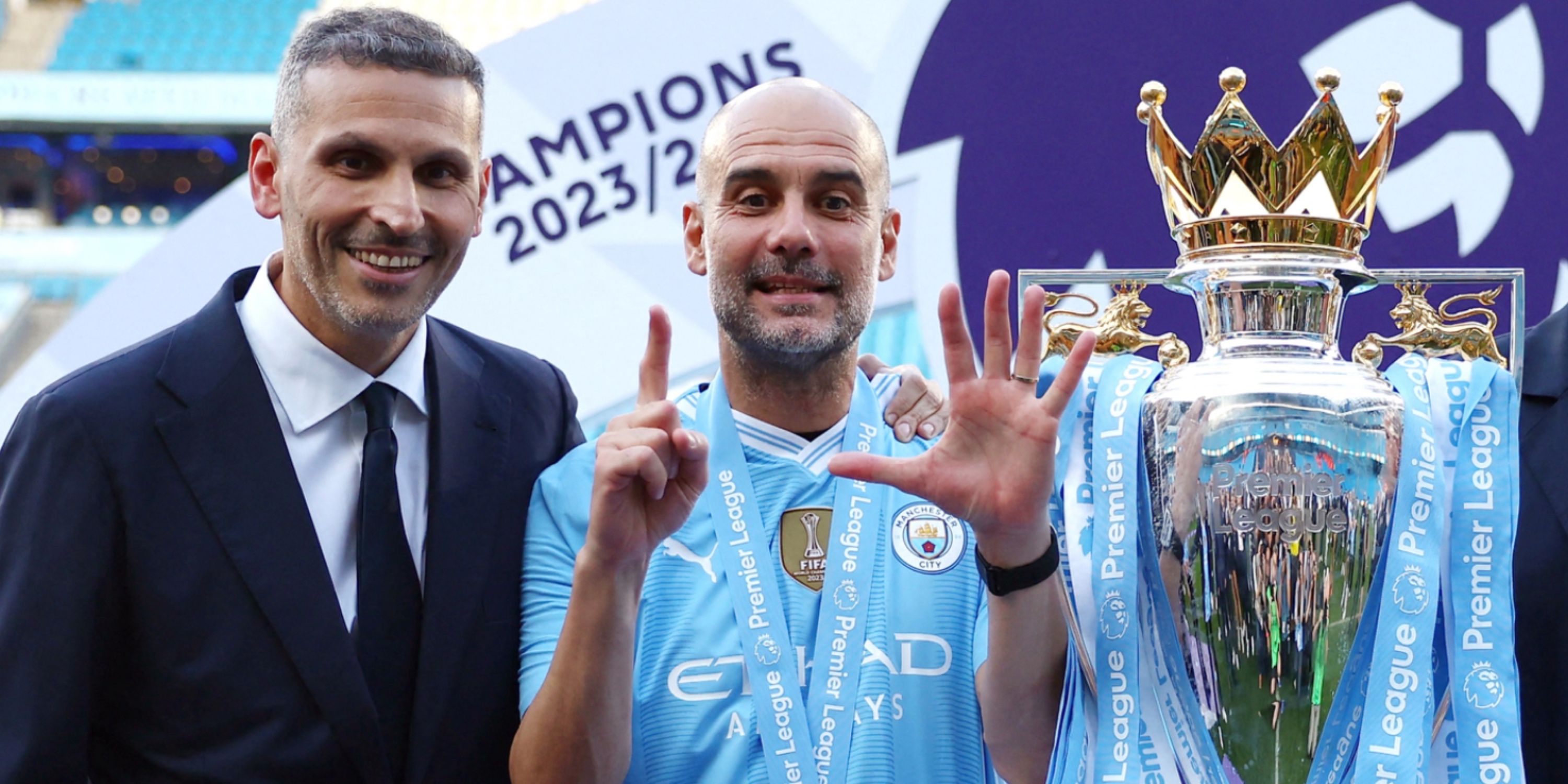Man City boss Pep Guardiola and Premier League trophy