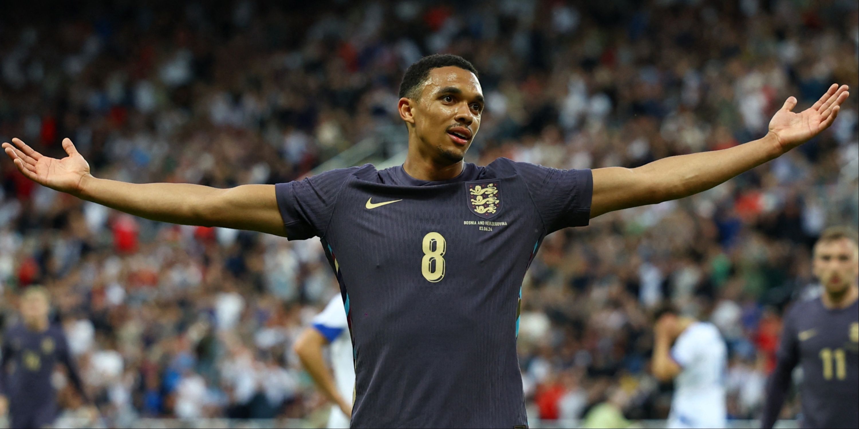 Trent Alexander-Arnold celebrates scoring for England