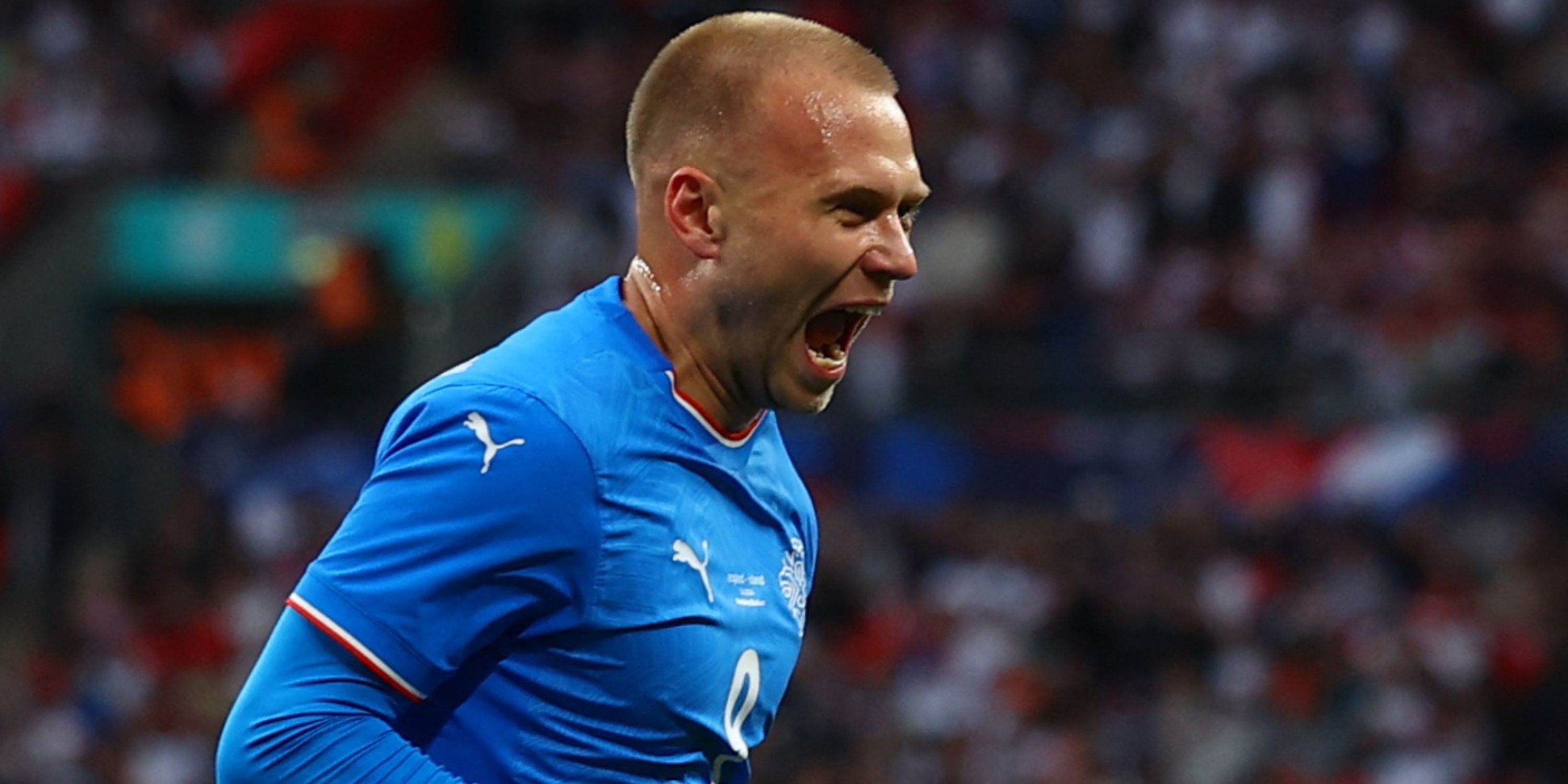 Iceland's Jon Dagur Thorsteinsson celebrates scoring against England