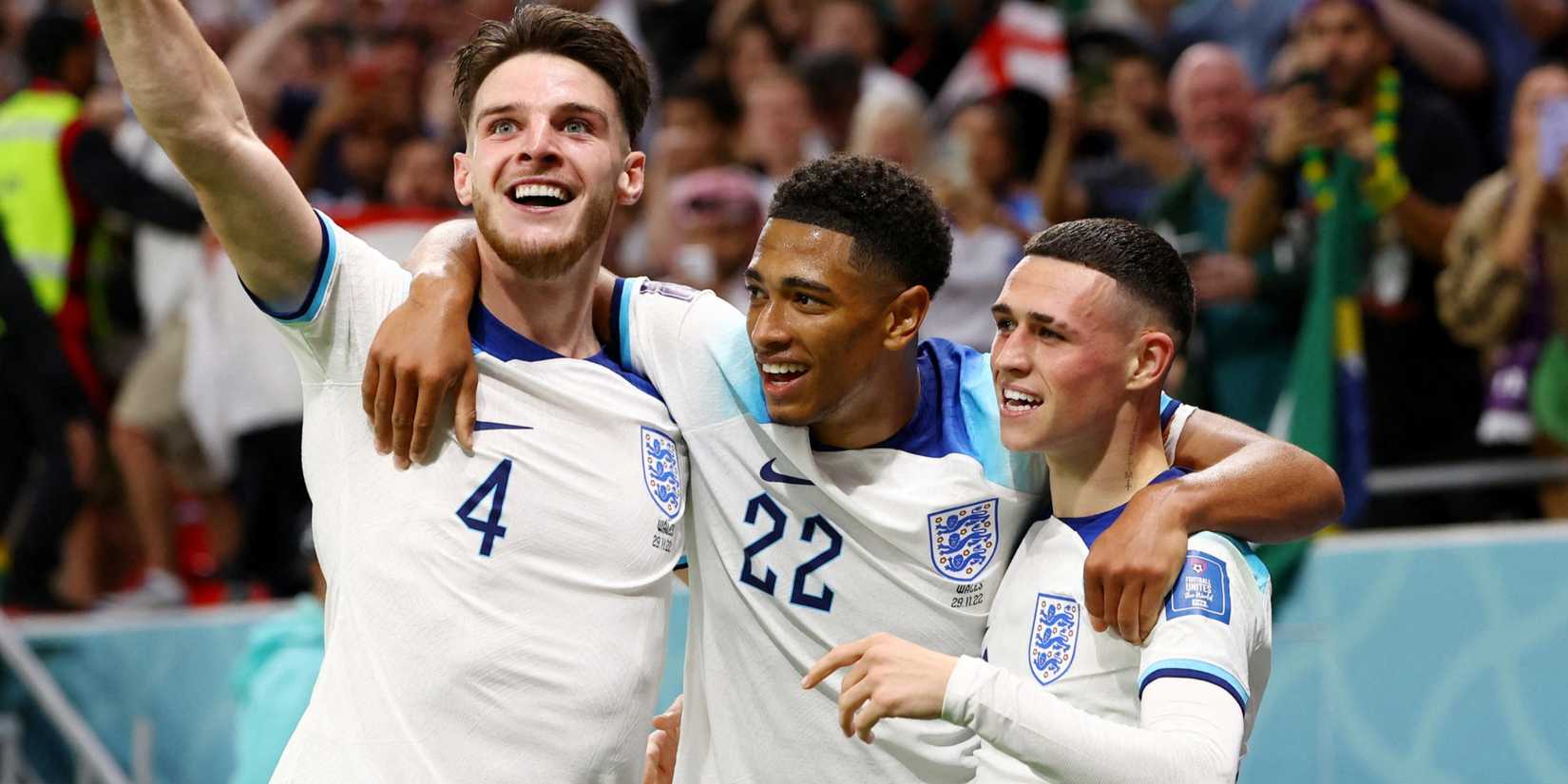 England's Phil Foden celebrates scoring their second goal with Jude Bellingham and Declan Rice