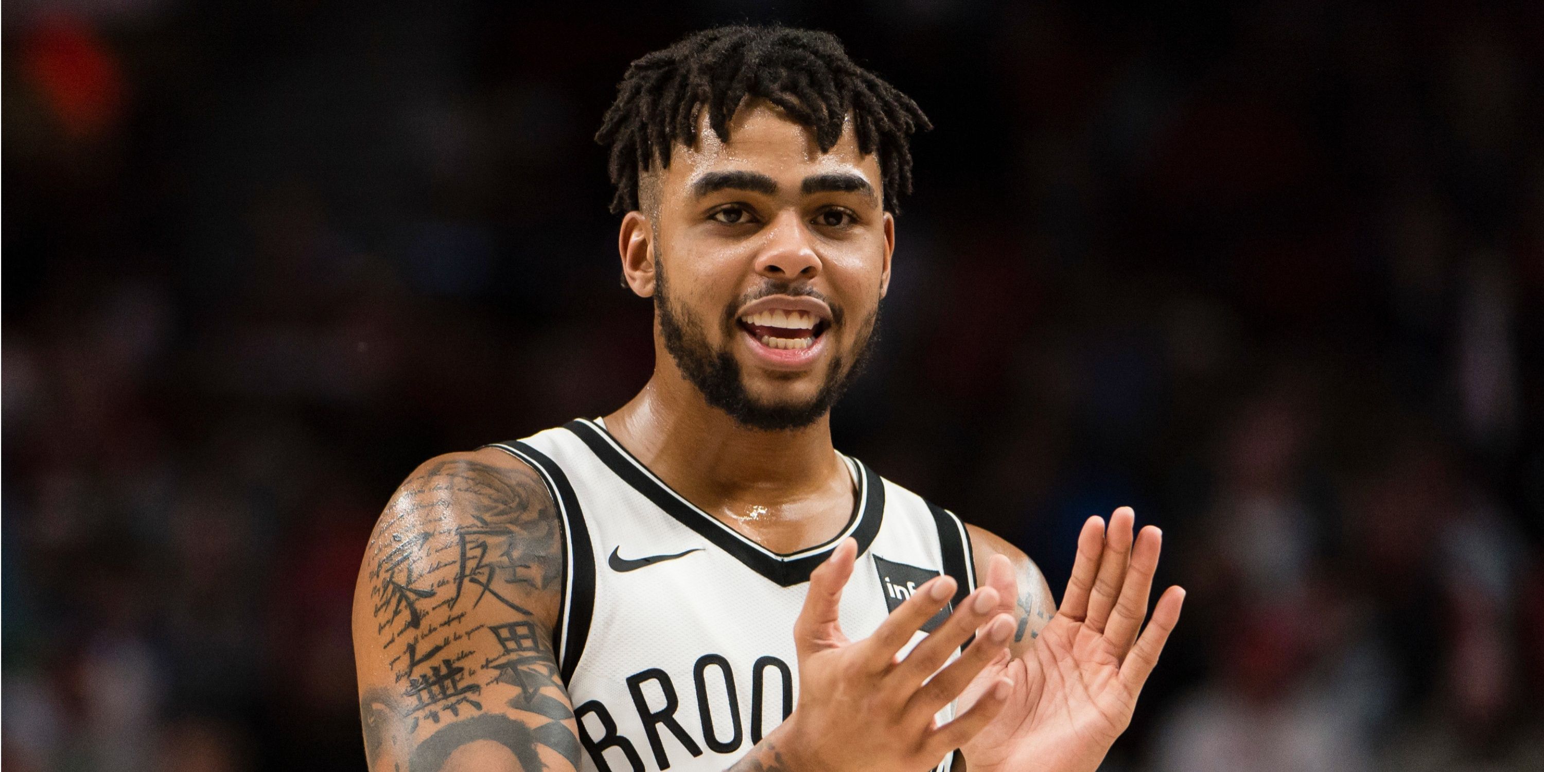 D'Angelo Russell of the Brooklyn Nets celebrates on the court