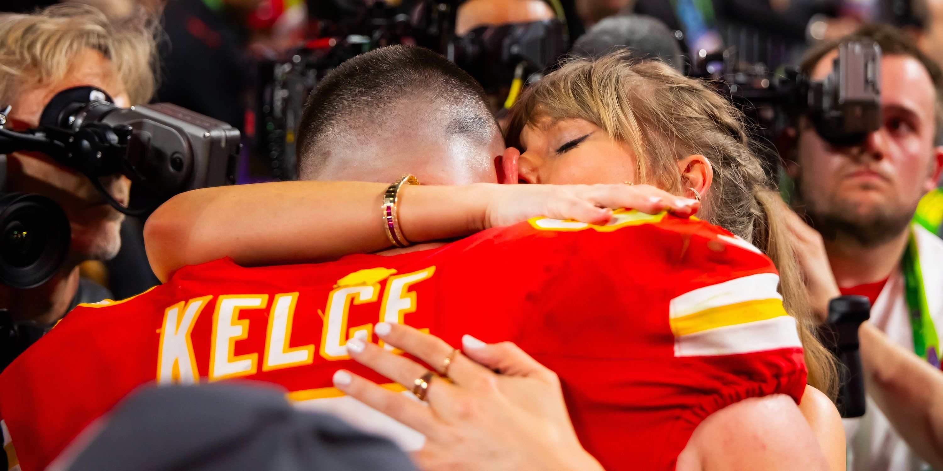 Travis Kelce celebrates with Taylor Swift after winning the Super Bowl 