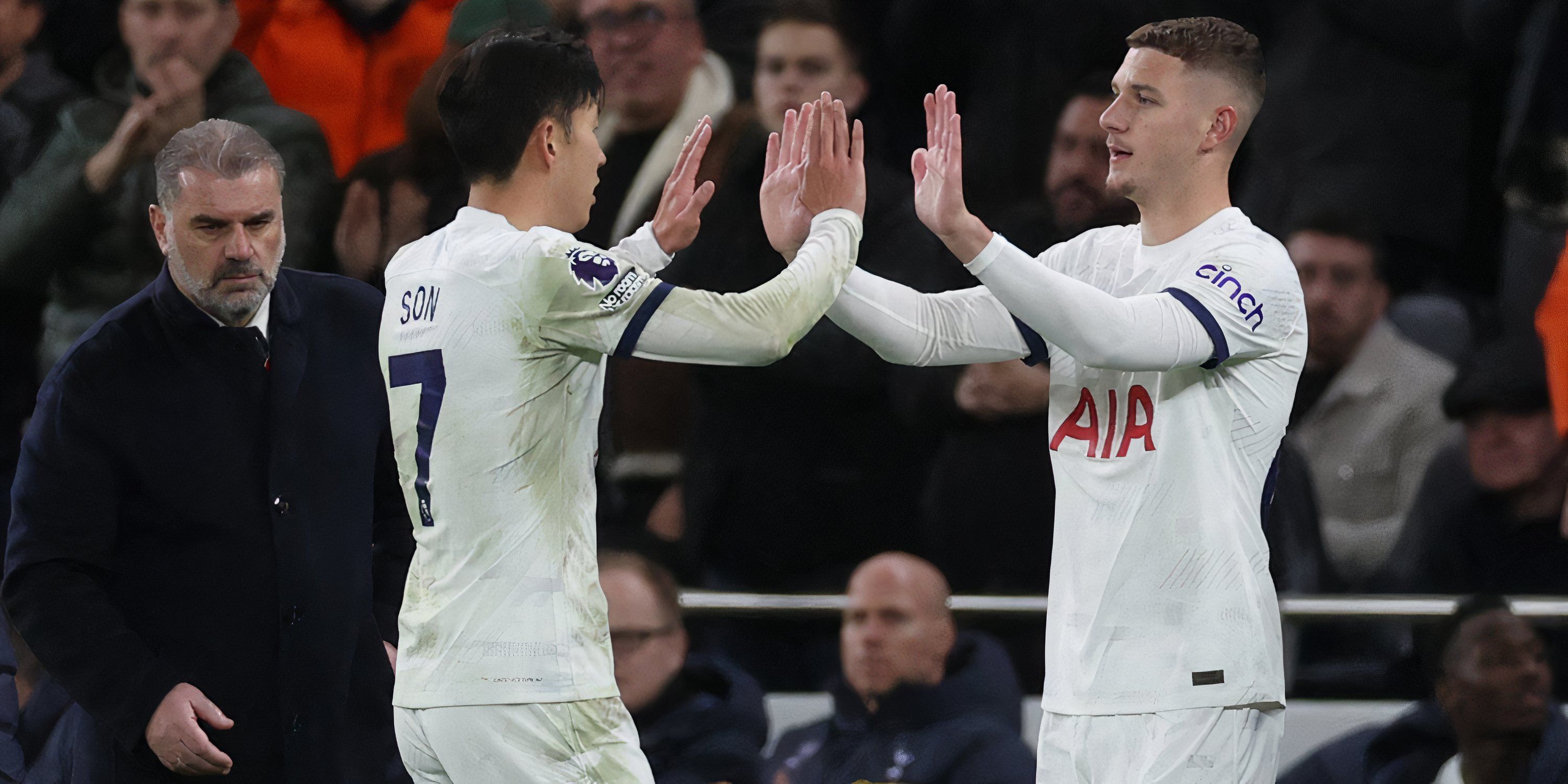 Tottenham Hotspur captain Heung-min Son and youngster Jamie Donley during a substitution