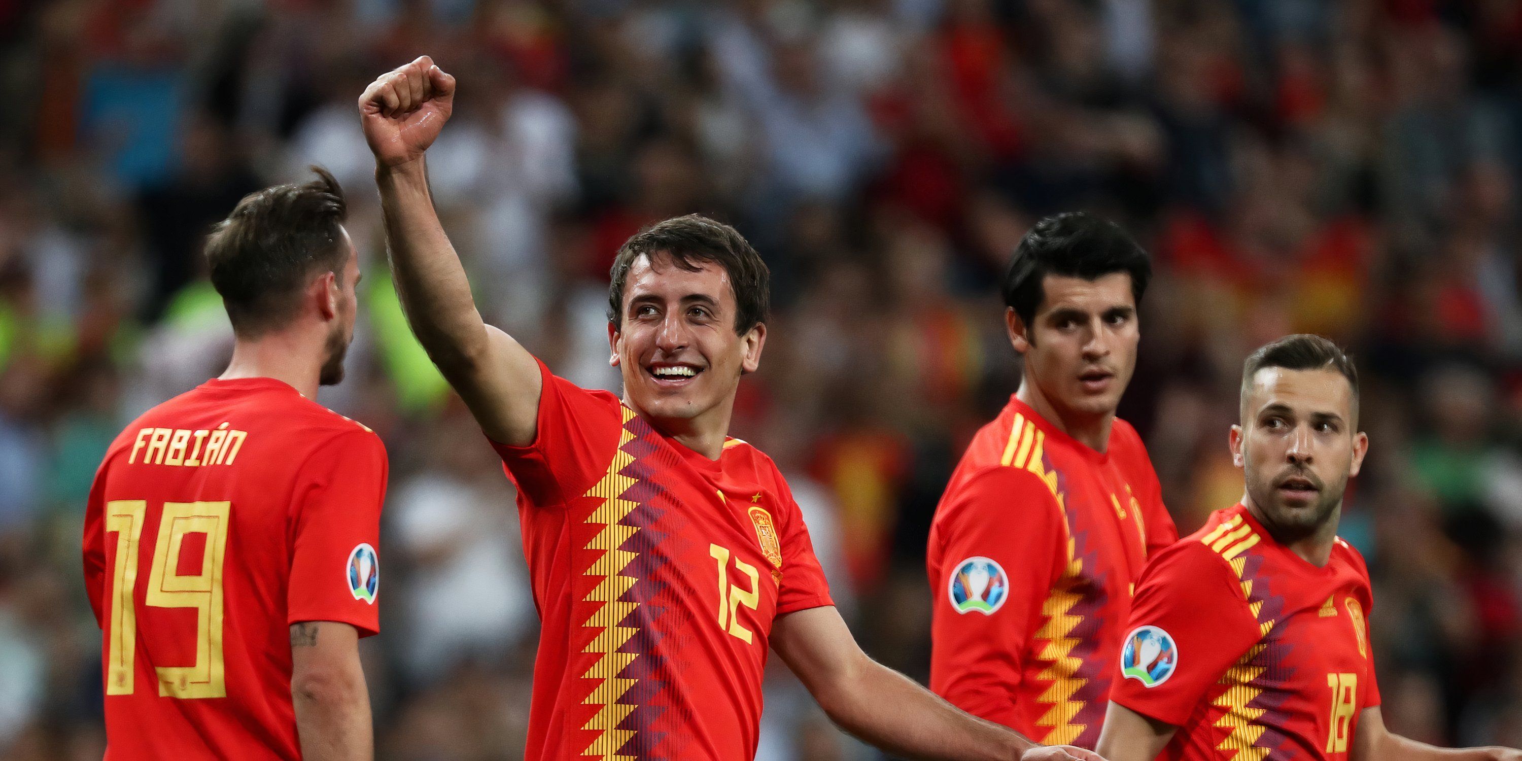 Oyarzabal celebrates scoring for Spain