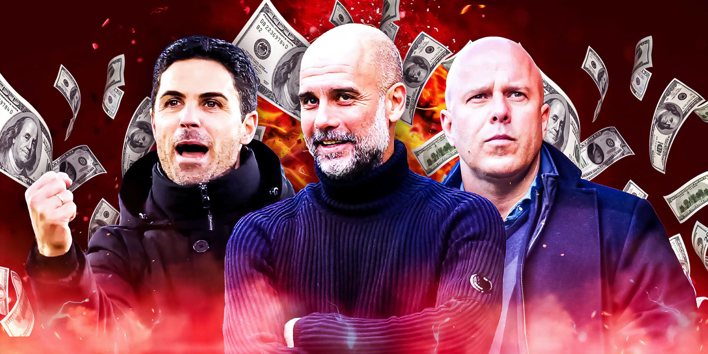 Pep Guardiola, Mikel Arteta and Arne Slot surrounded by money and fire