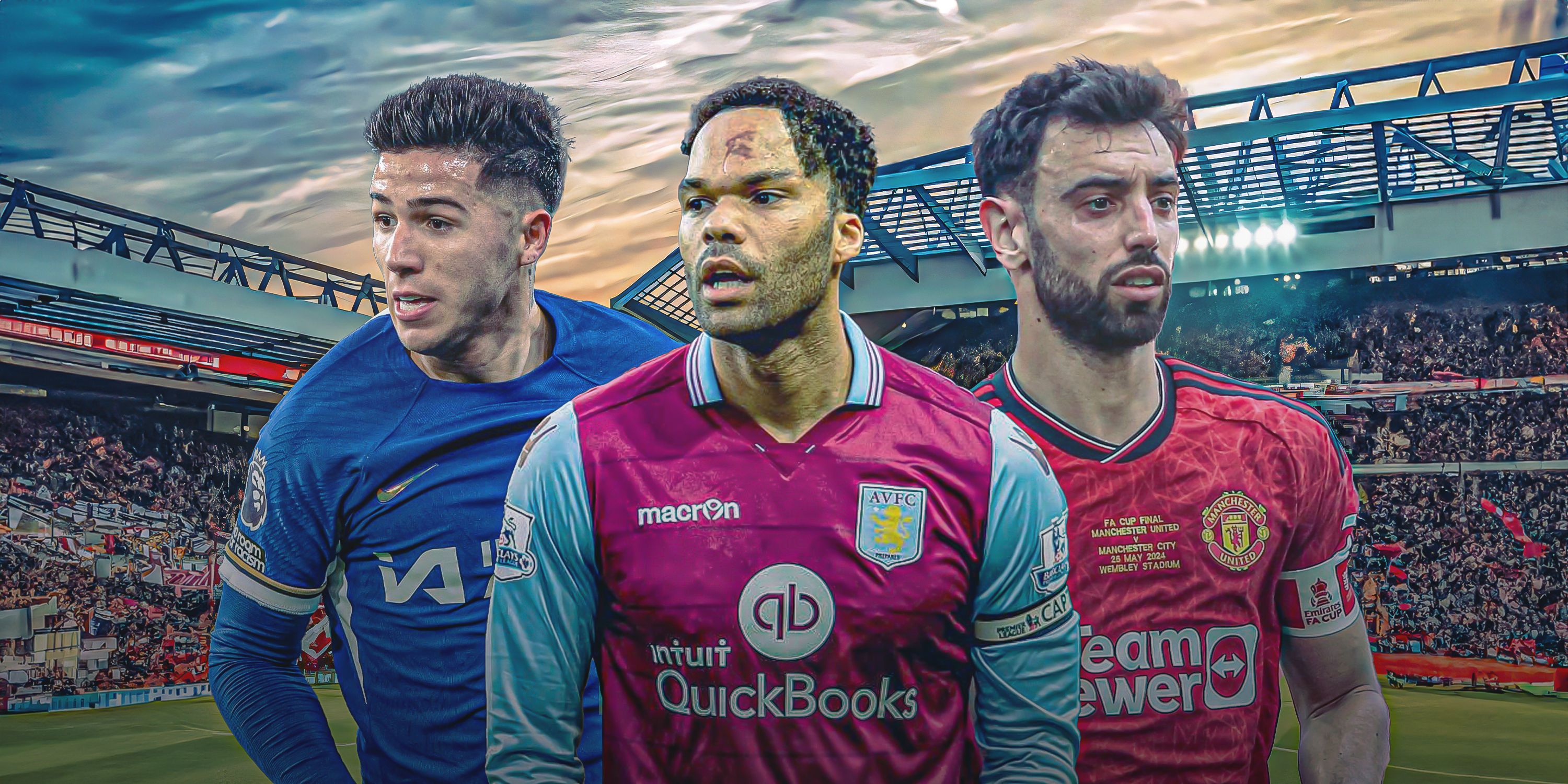 Chelsea's Enzo Fernandez, former Aston Villa defender Joleon Lescott and Manchester United's Bruno Feranandes in front of Anfield in the background