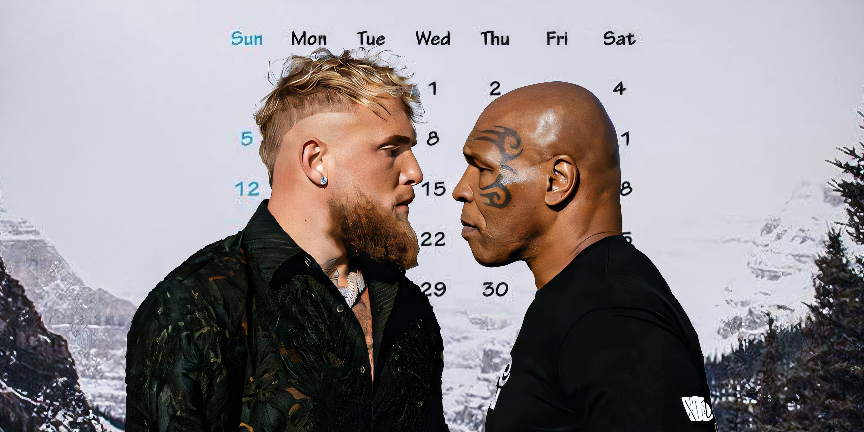 Mike Tyson and Jake Paul in front of a calendar