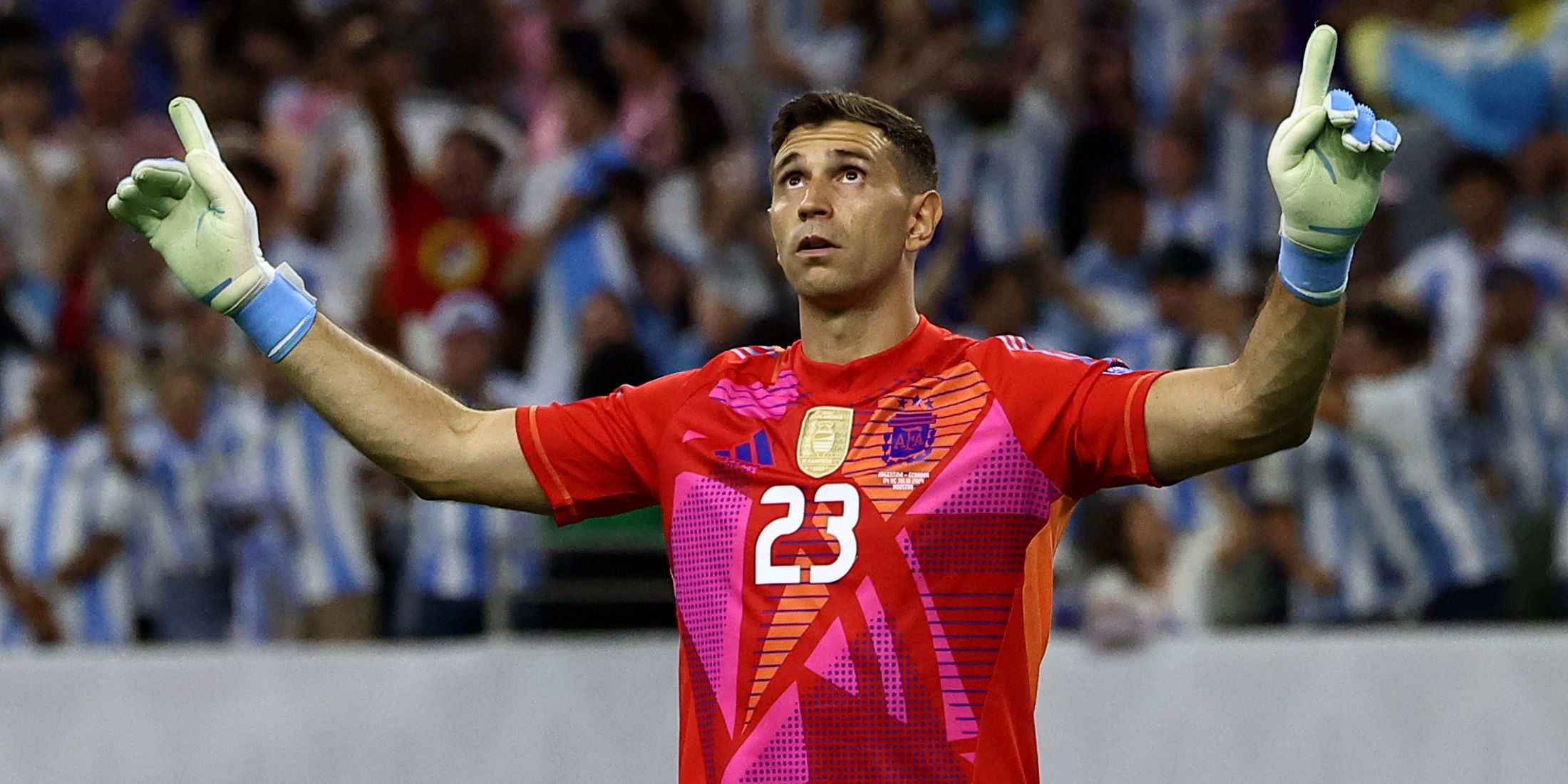 Emiliano Martinez celebrates during Argentina's win over Ecuador at the 2024 Copa America