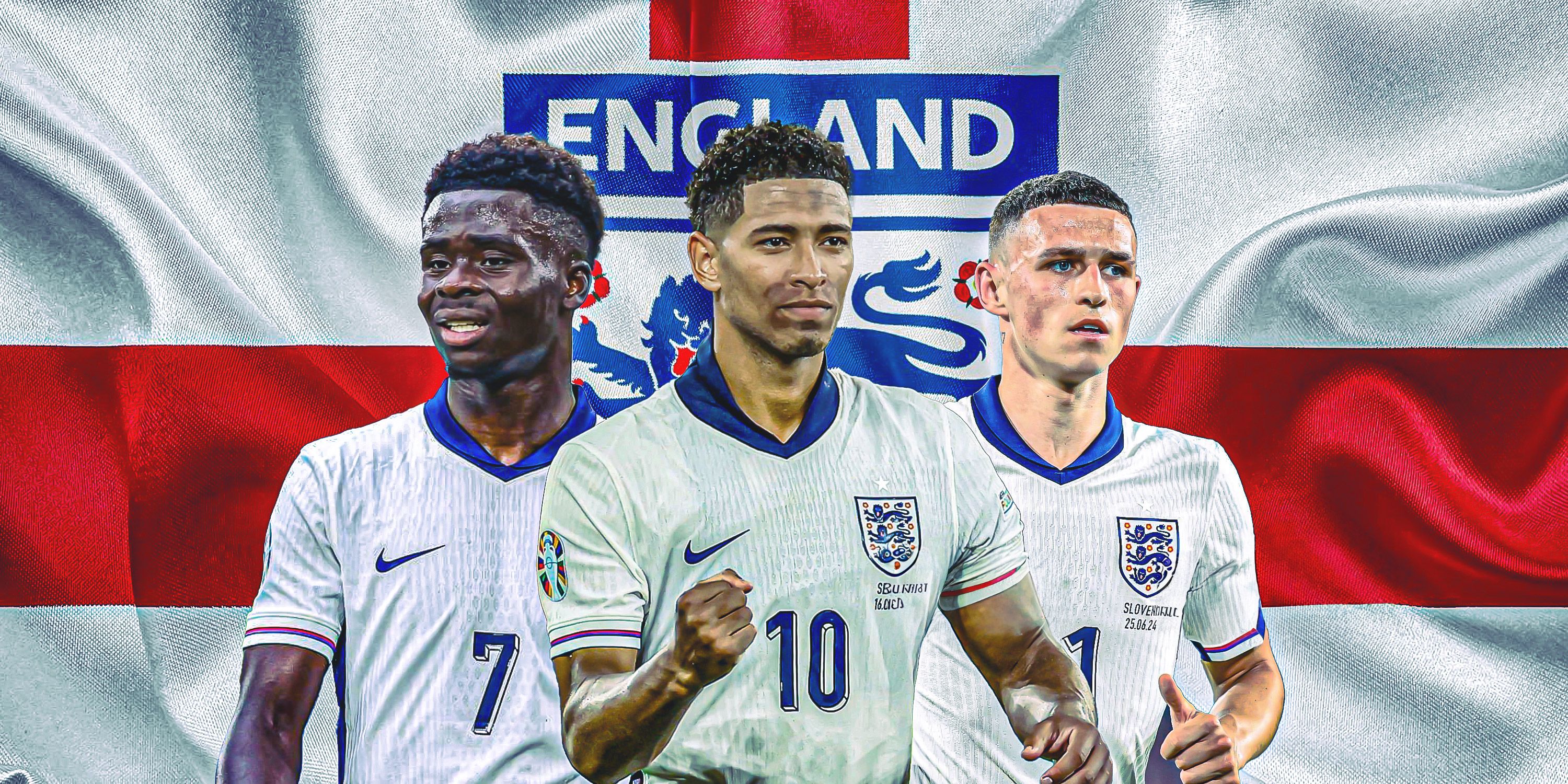 Phil Foden, Jude Belllingham and Bukayo Saka in England kit with England theme