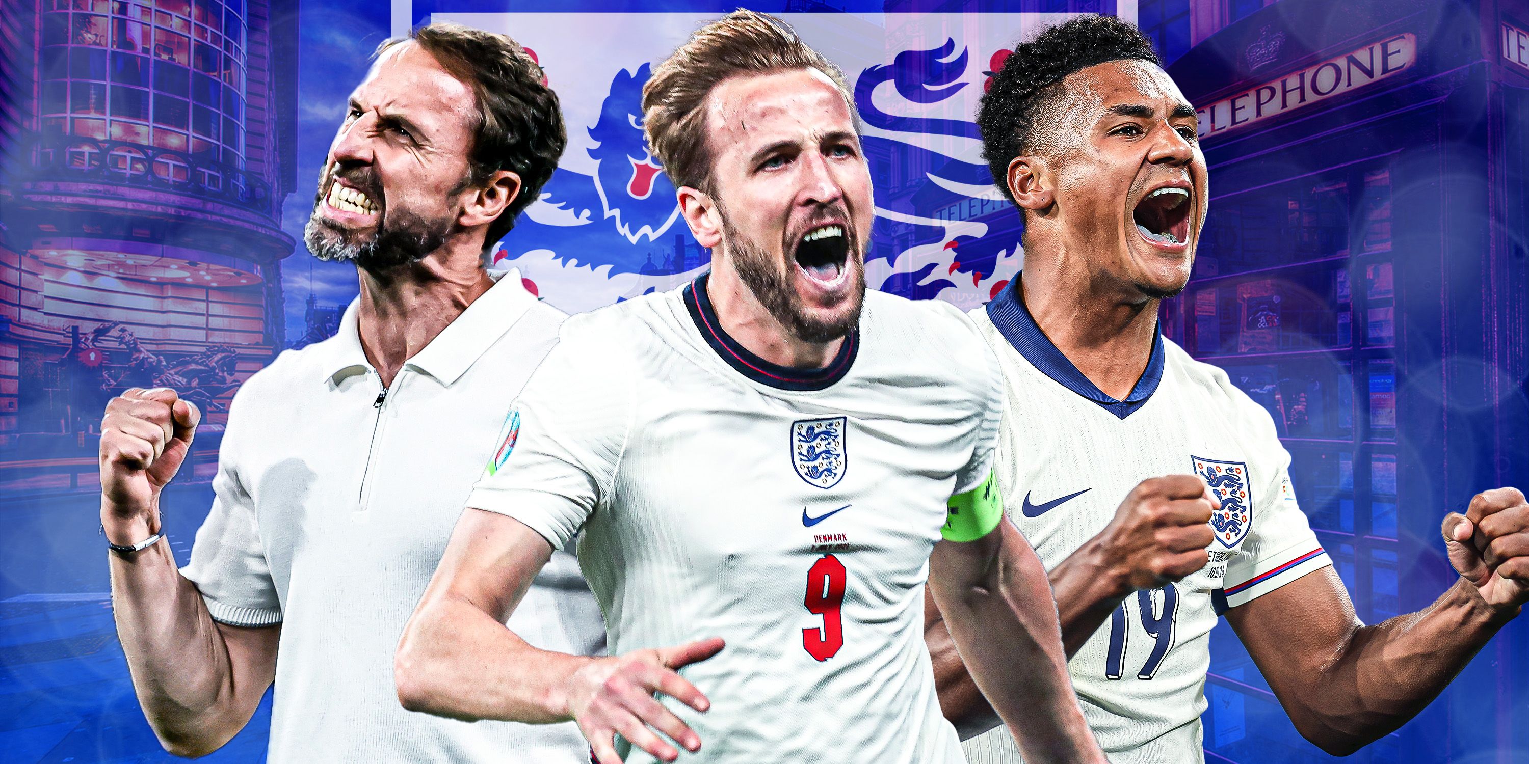 A custom image of Gareth Southgate, Harry Kane and Ollie Watkins