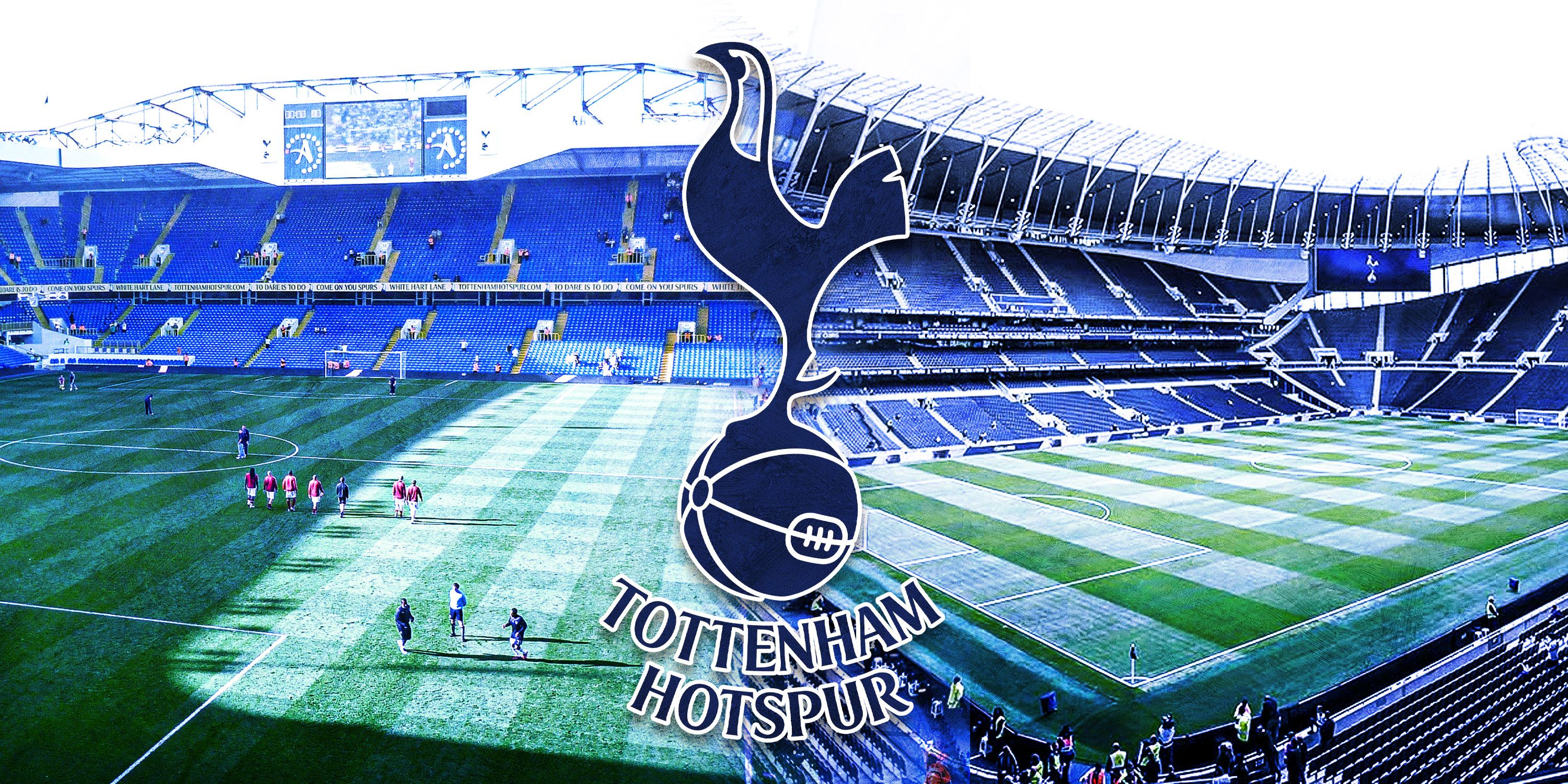 The Spurs crest with White Hart Lane and the Tottenham Hotspur Stadium.