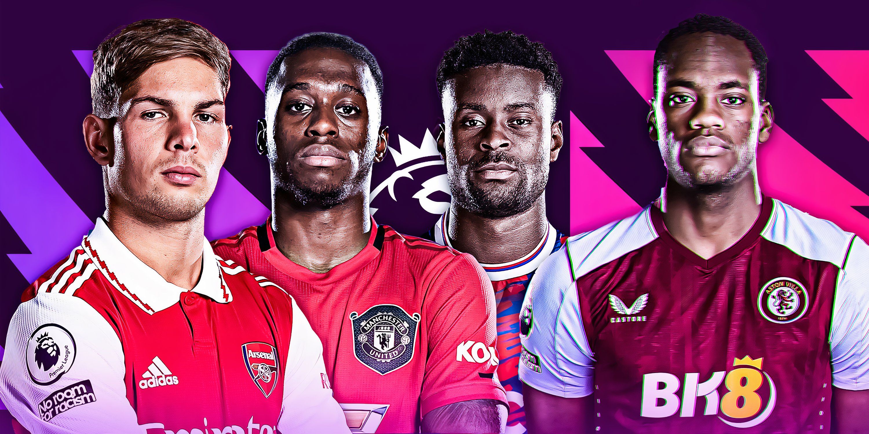 Emile Smith Rowe, Aaron Wan-Bissaka, Marc Guehi and Jhon Duran in front of a Fantasy Premier League-themed background